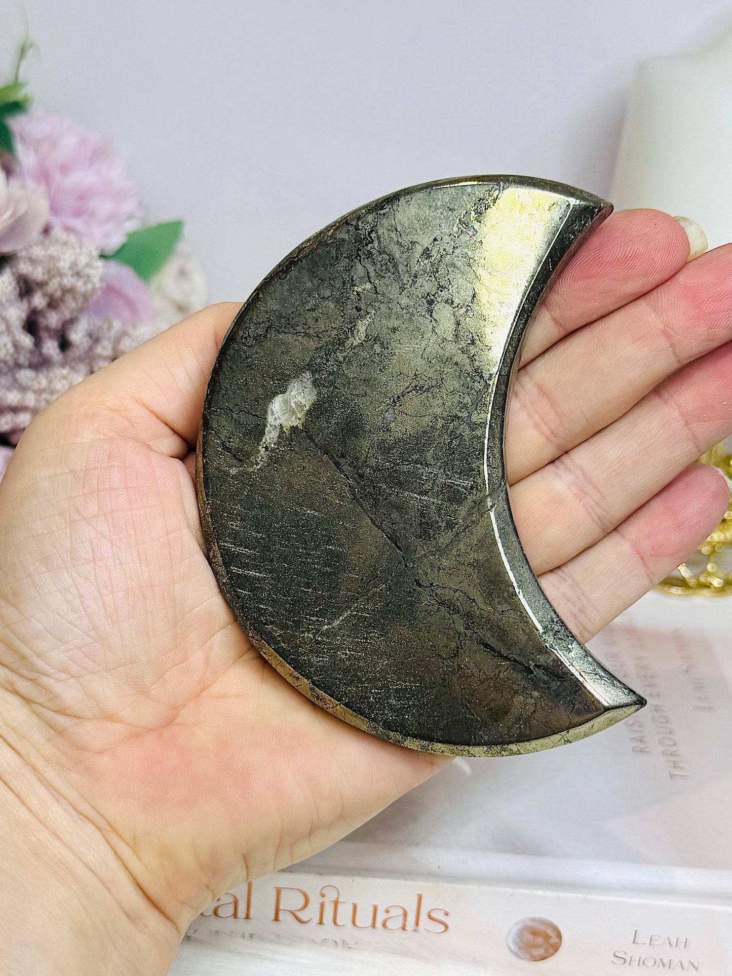 Large Pyrite Carved Moon on Stand 10cm