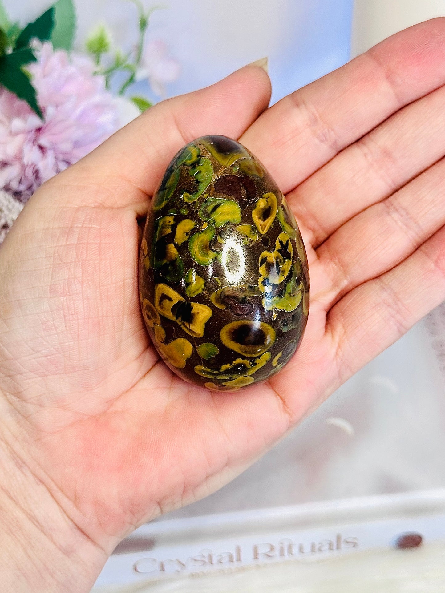 Unique & Stunning 8cm On Stand Green & Yellow Fruit Jasper Carved Egg