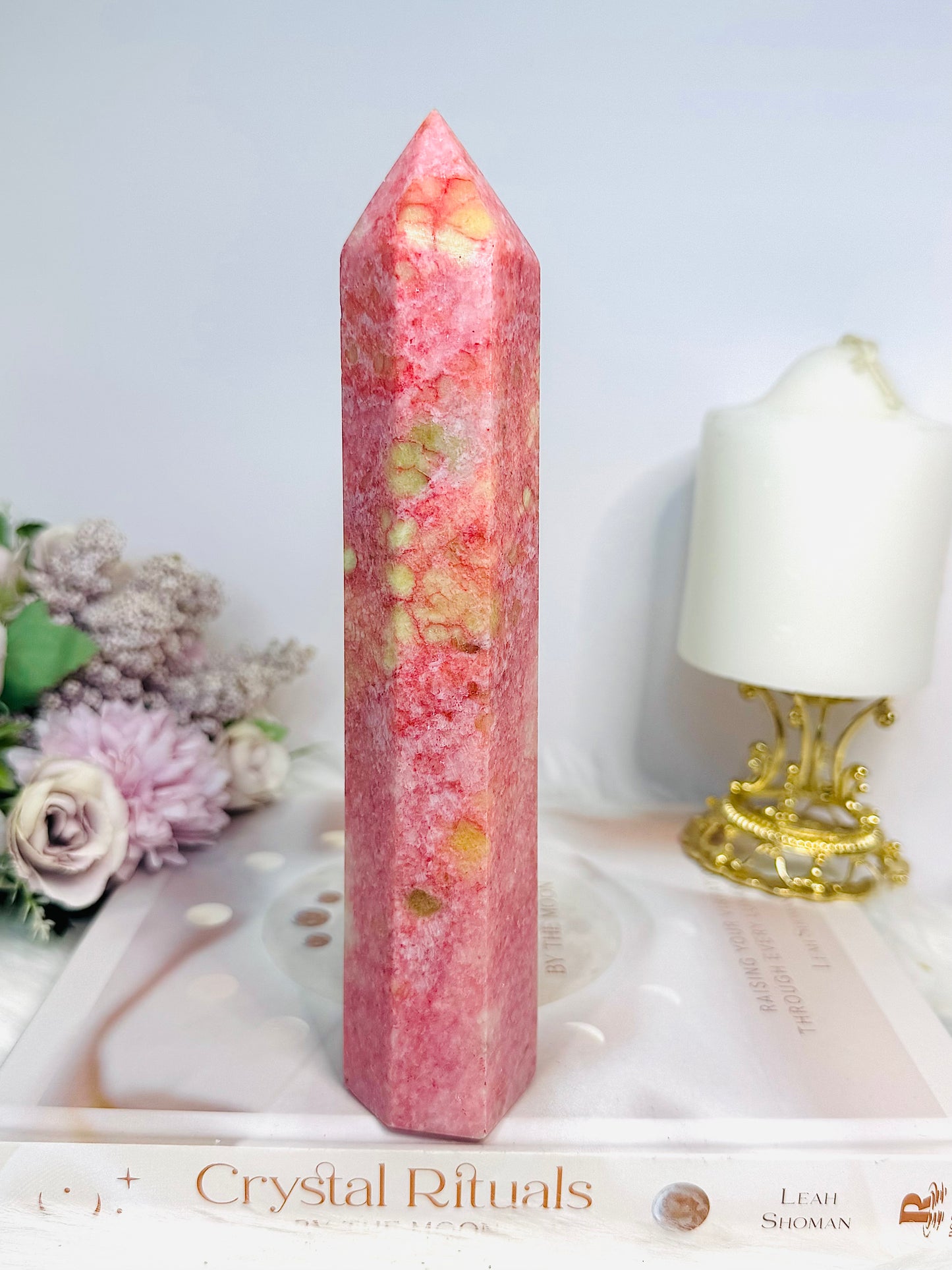 Rare Large Thulite Tower with Epidote Inclusions 19cm