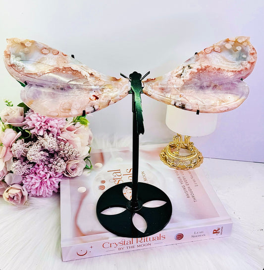 Absolute Masterpiece!!! Huge 27cm x 22cm Flower Agate X Amethyst Dragonfly Wings on Stand ~ Just Divine