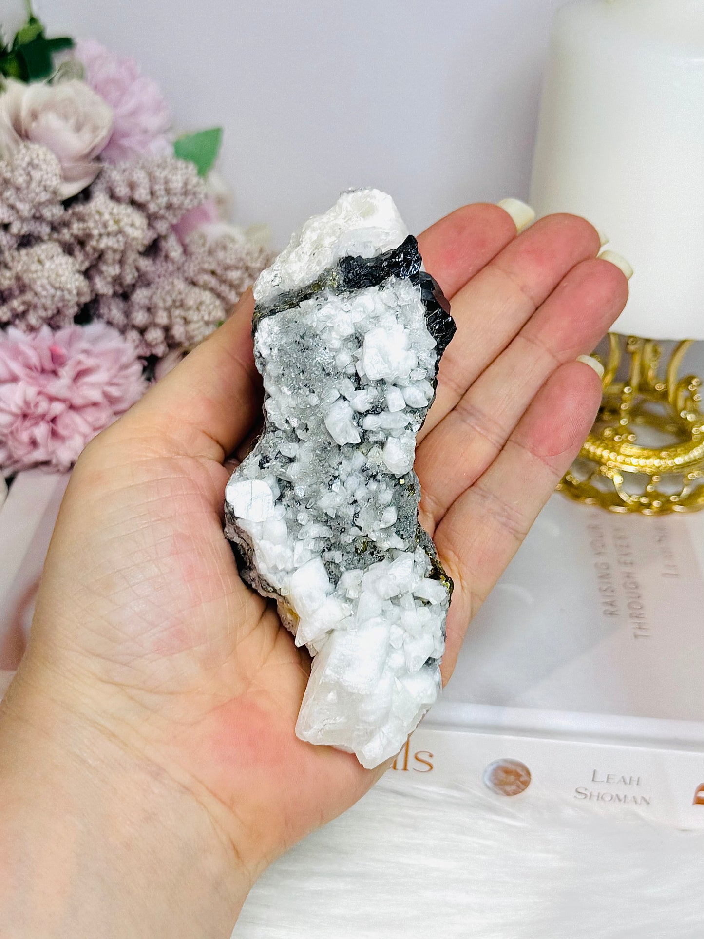 Natural Calcite Specimen with Pyrite & Black Tourmaline Inclusions 11.5cm 252g
