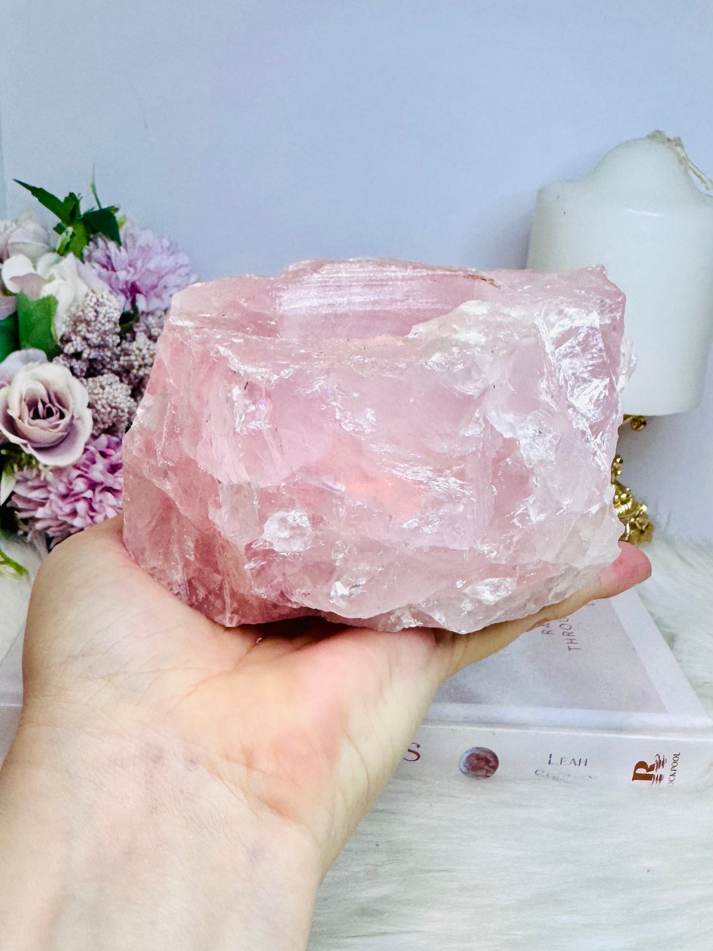 Large Chunky Rose Quartz Candle Holder 892g