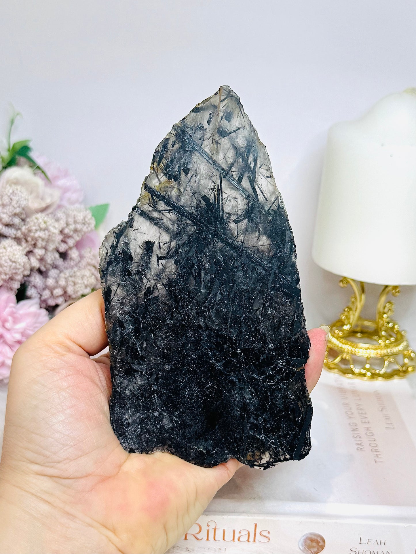 Black Tourmaline in Quartz Slab on Stand 14.5cm