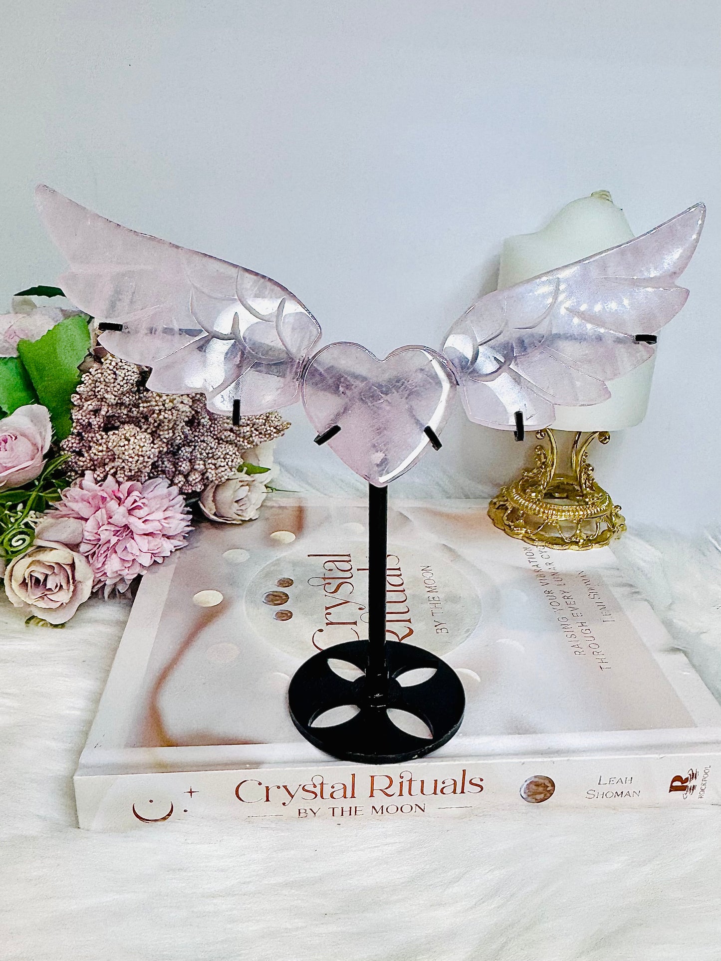 Rose Quartz Heart & Wings On Stand H 17cm x L 19cm