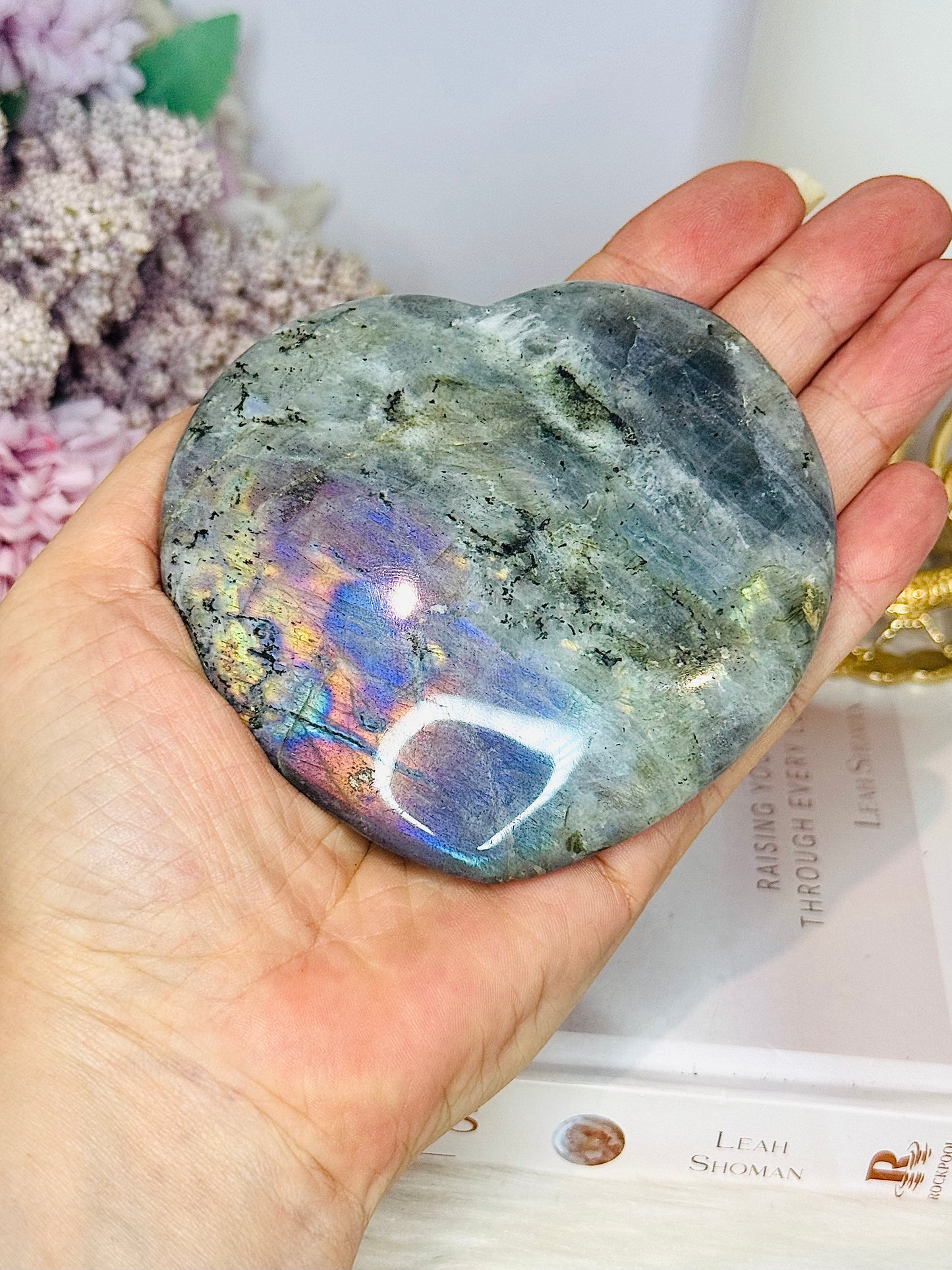 Large Labradorite Carved Heart with Purple Flash 9cm