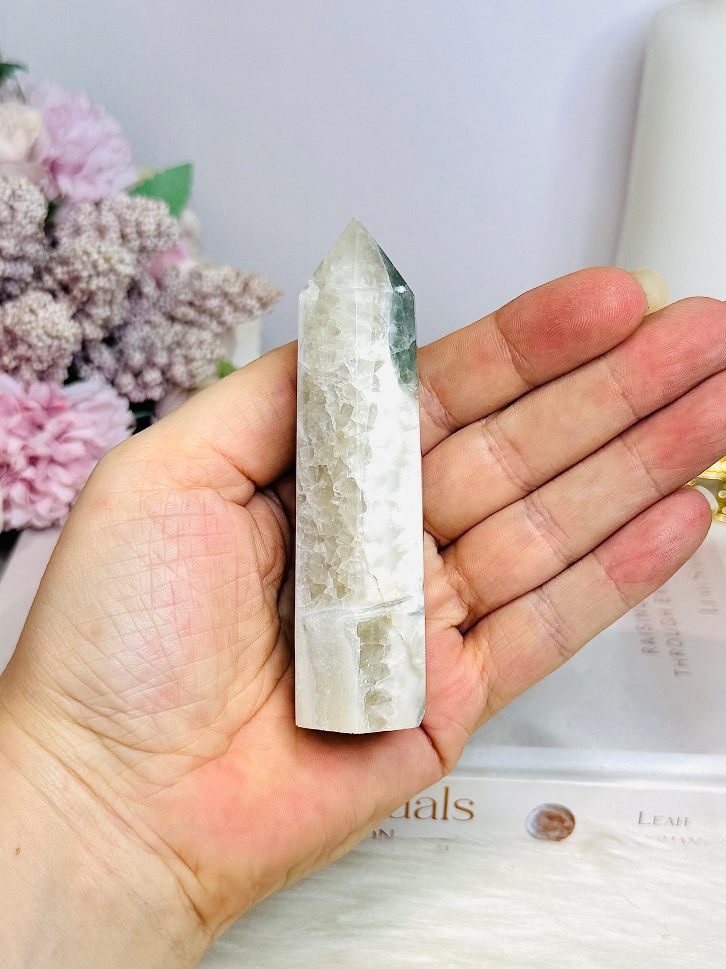 Moss Agate In Quartz Tower 9cm