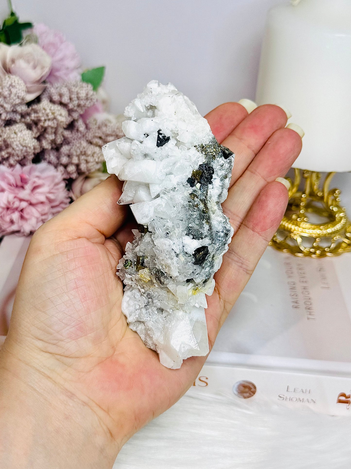 Natural Calcite Specimen with Pyrite & Black Tourmaline Inclusions 11.5cm 252g