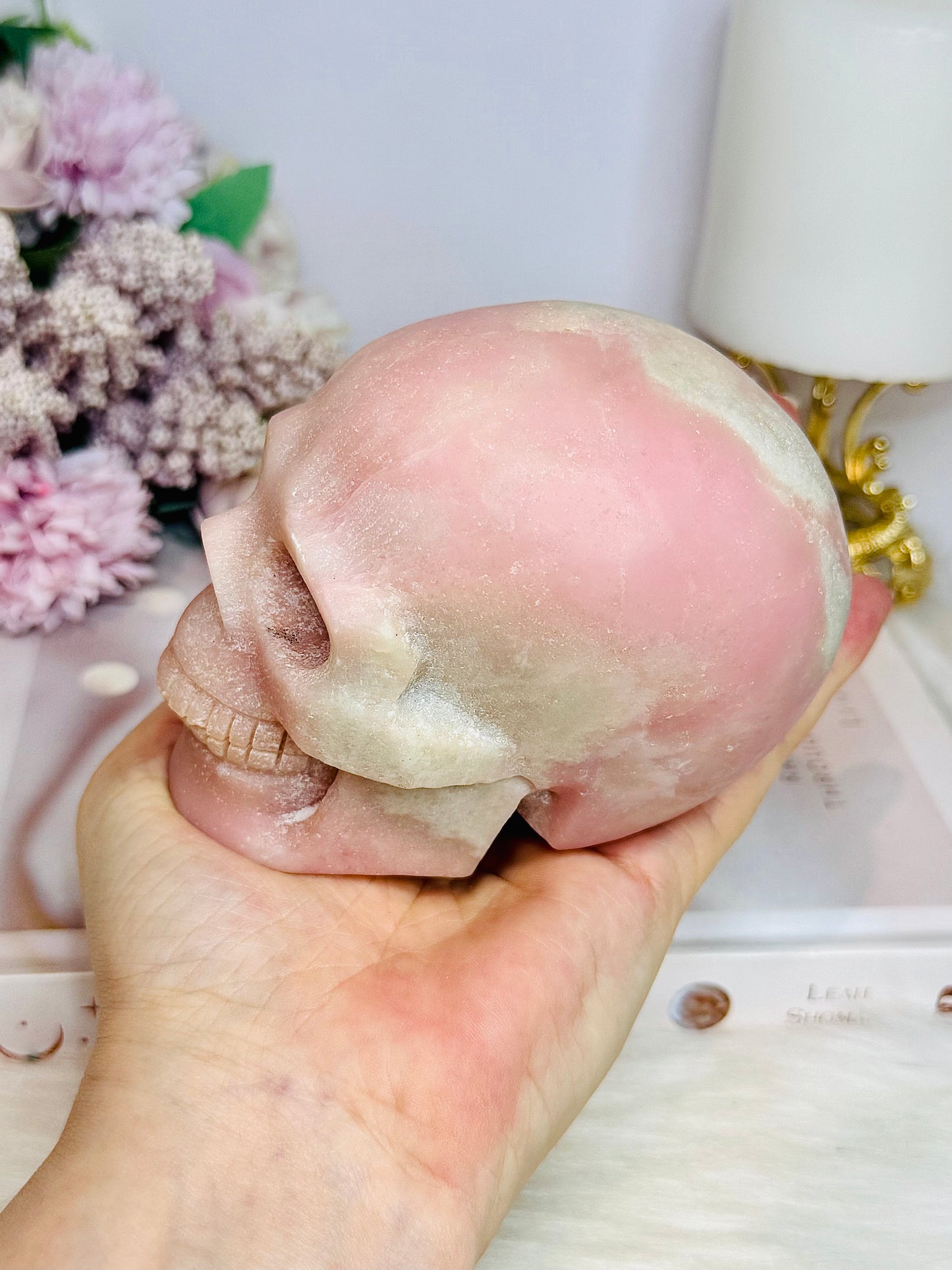 Large Pink Opal Carved Skull 10cm 828g