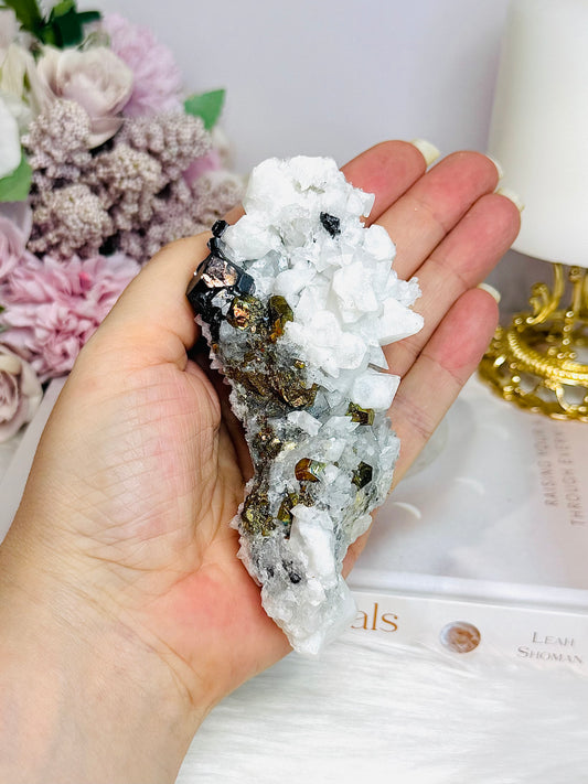 Natural Calcite Specimen with Pyrite & Black Tourmaline Inclusions 11.5cm 252g