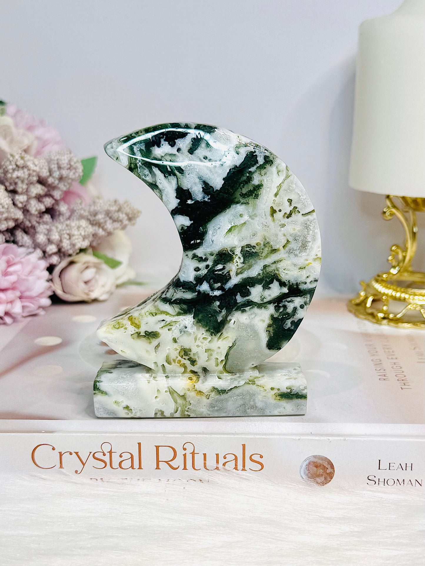 Moss Agate Druzy Moon On Stand 10cm 240g