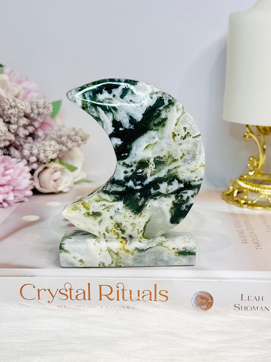 Moss Agate Druzy Moon On Stand 10cm 240g
