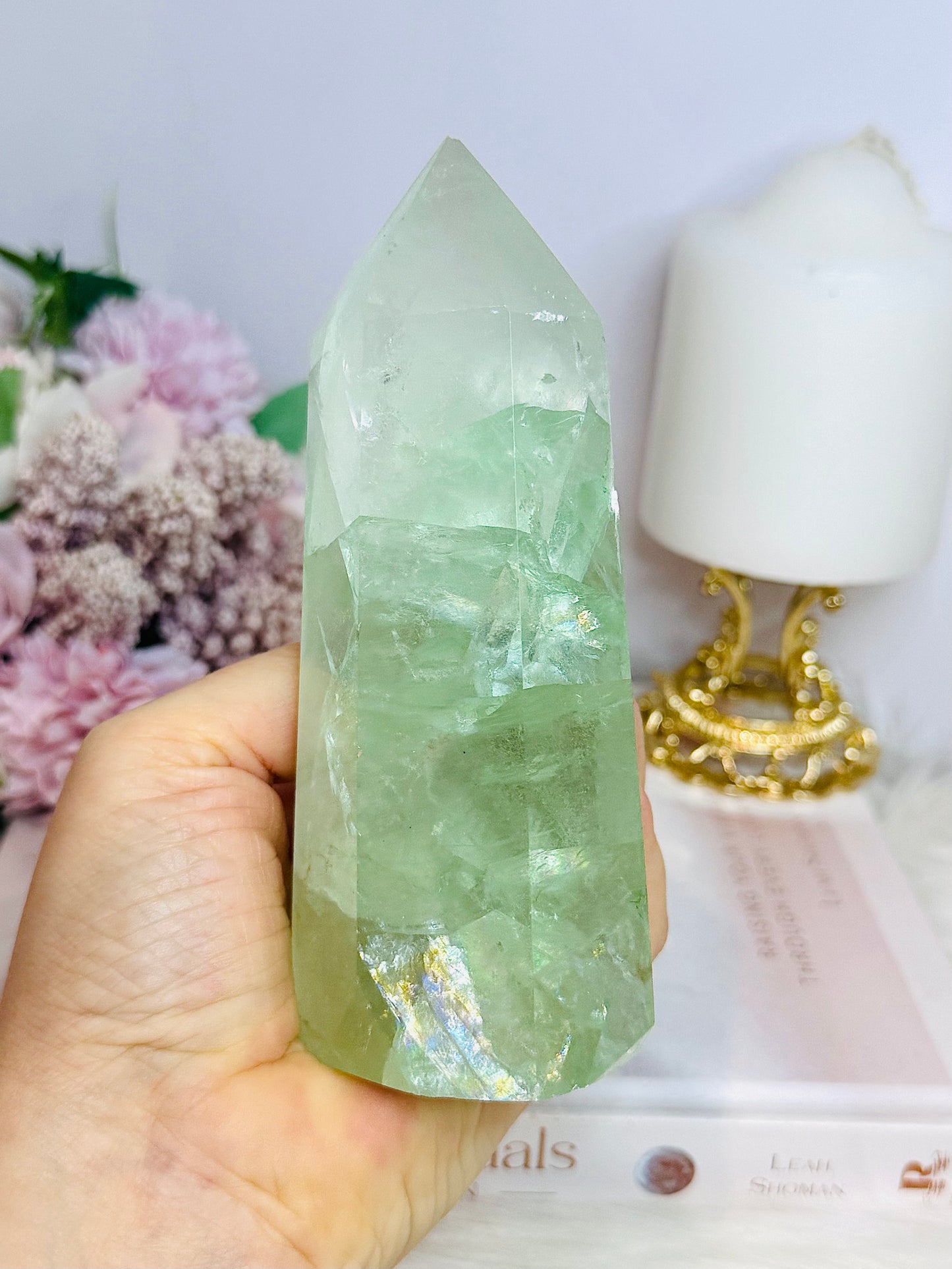 High Grade Light Green Fluorite Tower with Rainbows 14cm 551g