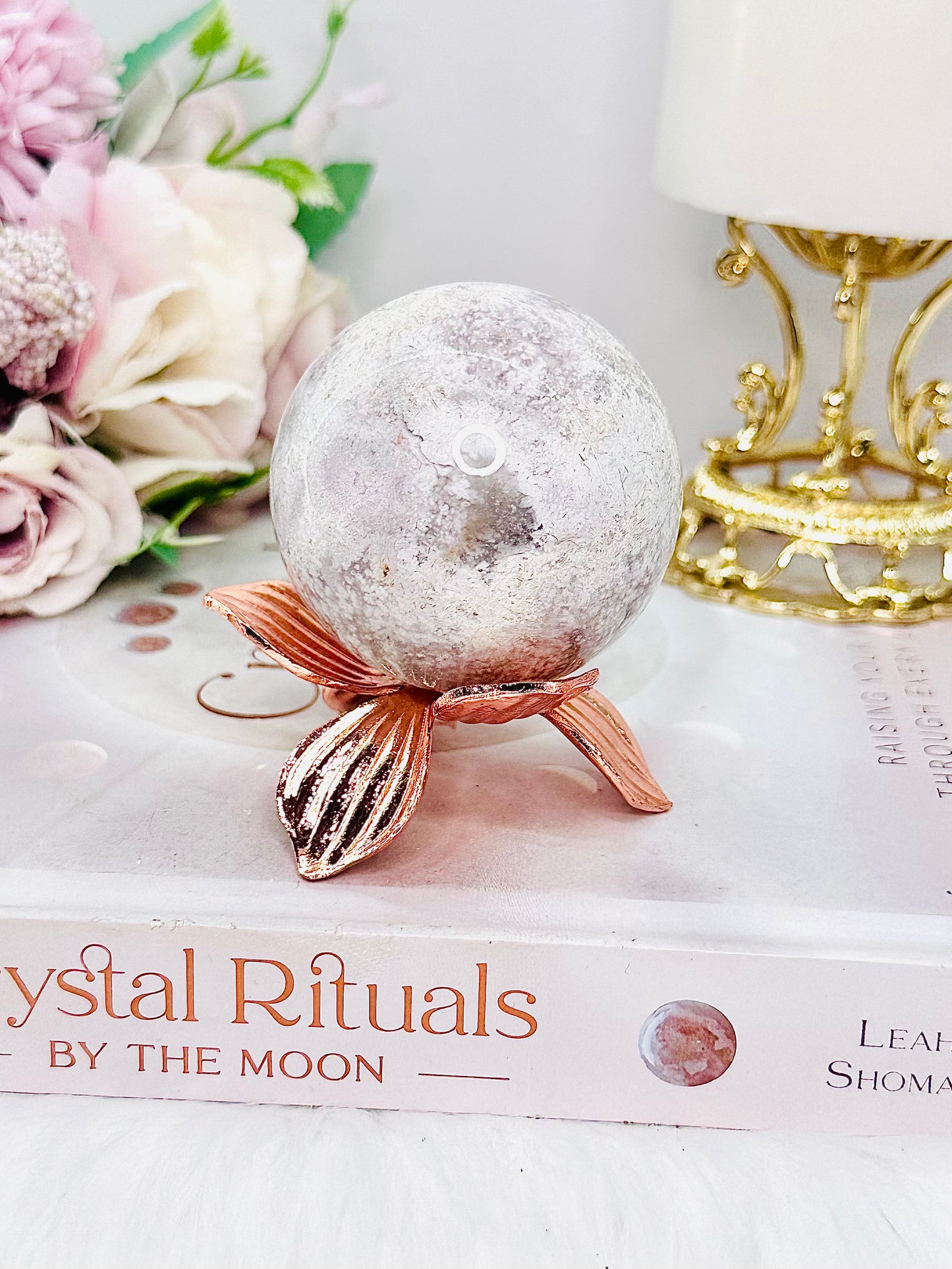 Absolutely Gorgeous Pink Amethyst Sphere On Rose Gold Flower Stand 207grams