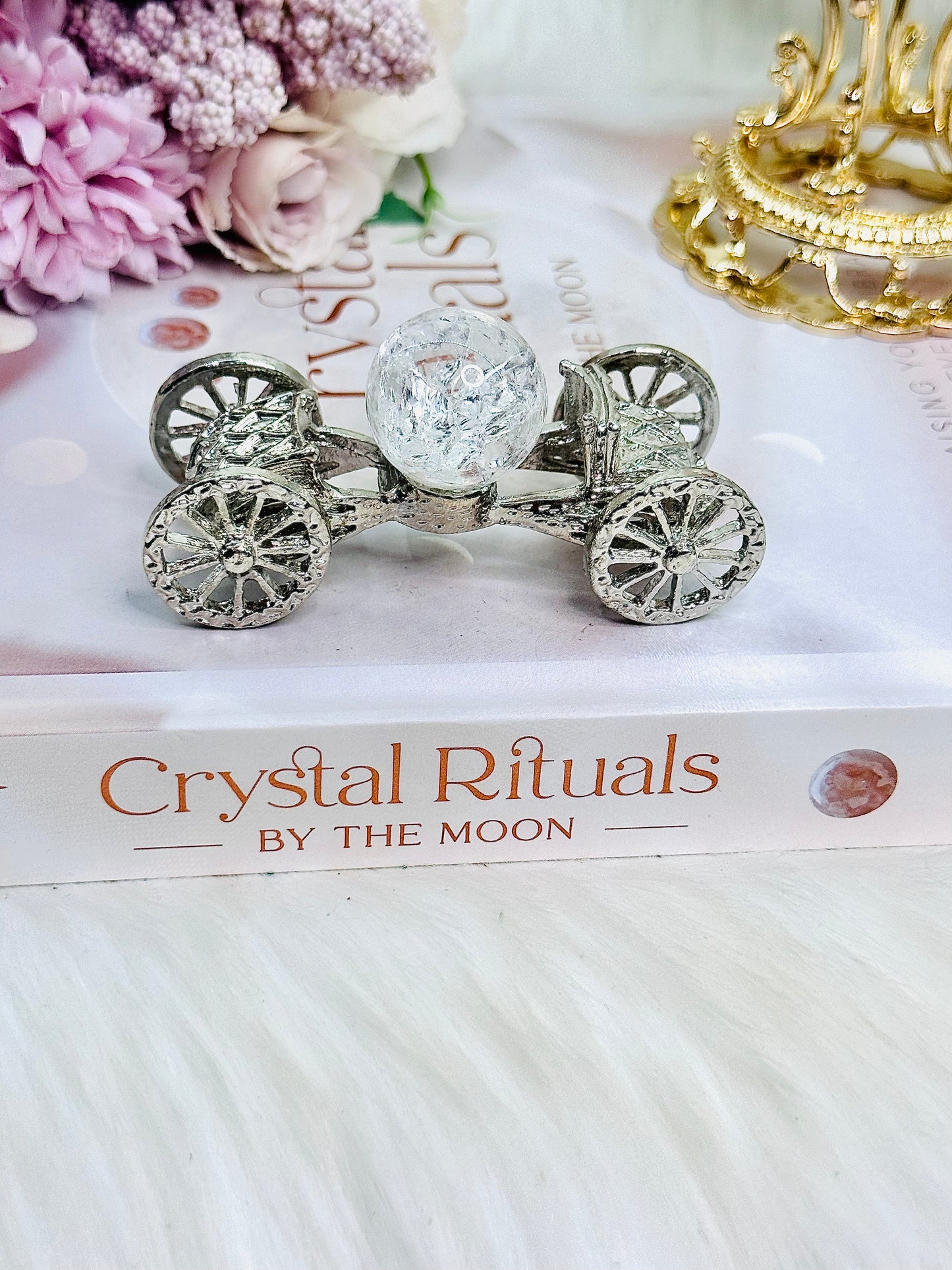 Beautiful Silver Vintage Car with Turning Wheels with Cracked Clear Quartz Sphere