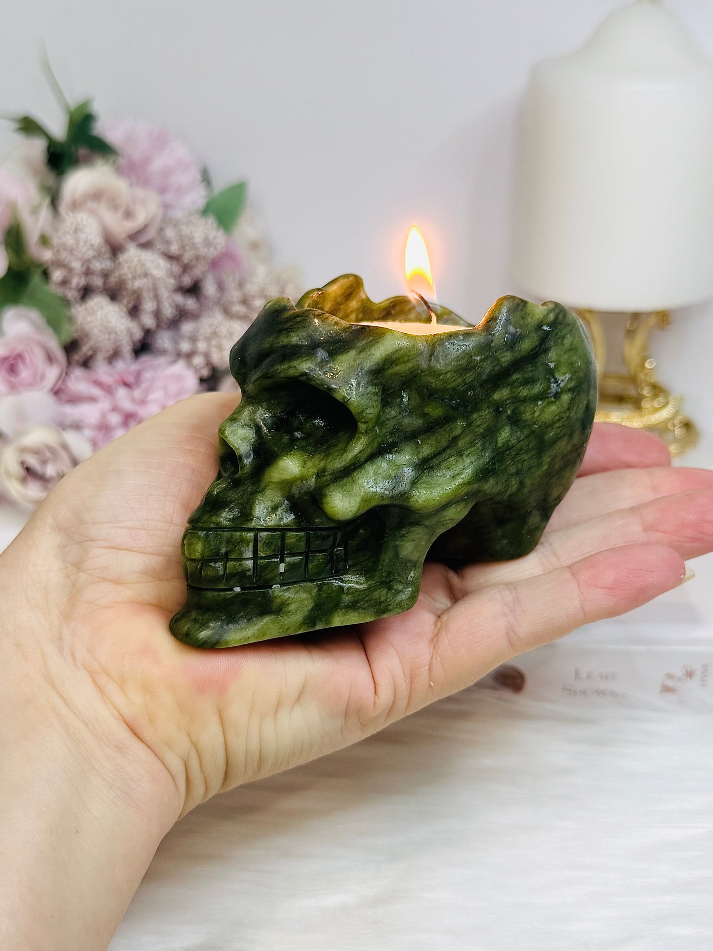Green Jade Candle Holder Skull 391g