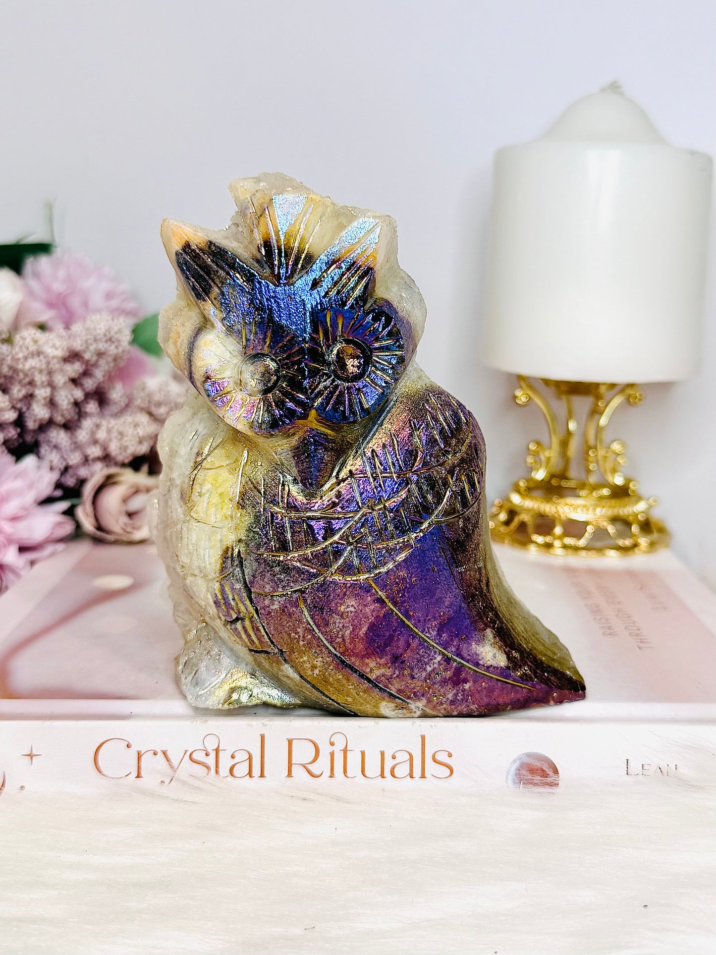 Large 683gram Aura Quartz Owl ~ See Back For Amazing Cluster Detail