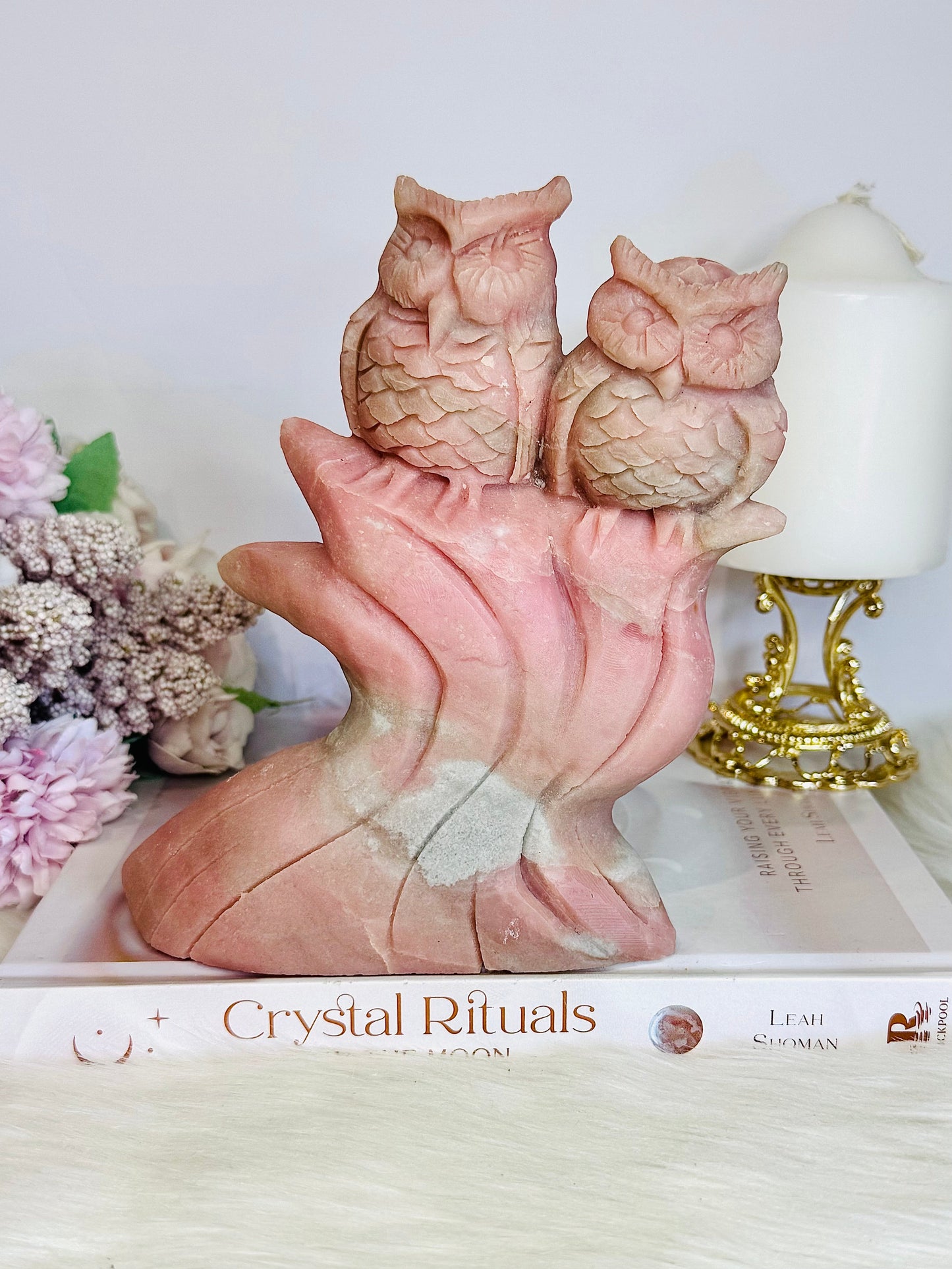 Incredibly Carved Huge Pink Opal Owls 16.5cm 1.15KG