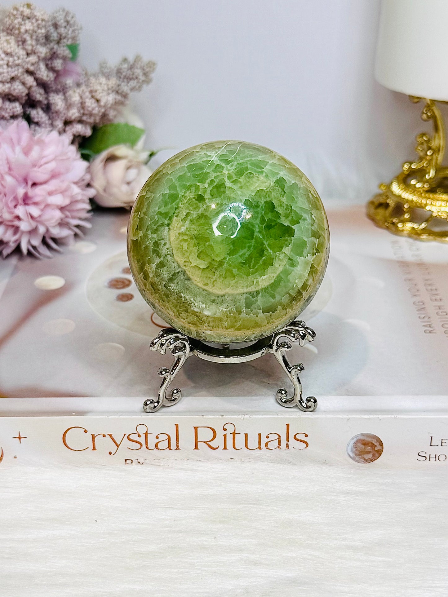 Green Calcite Sphere on Stand 338g