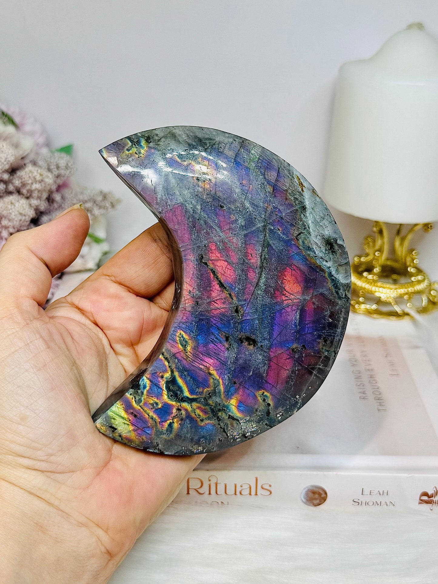 High Grade Large Labradorite Carved Moon Full of Flash 18.5cm