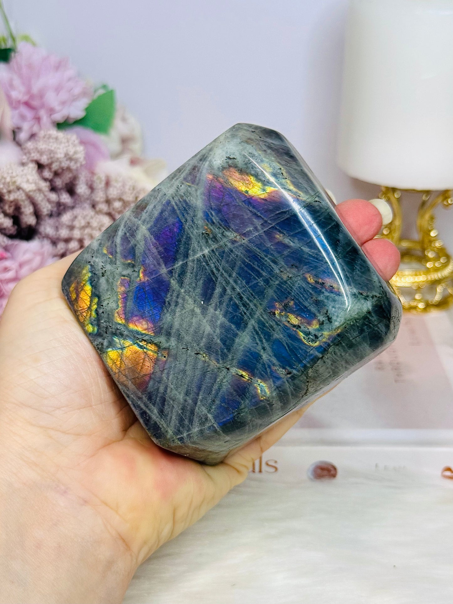Large Polished Labradorite Freeform 638g with Pink & Purple Flash (looks blue but is purple)
