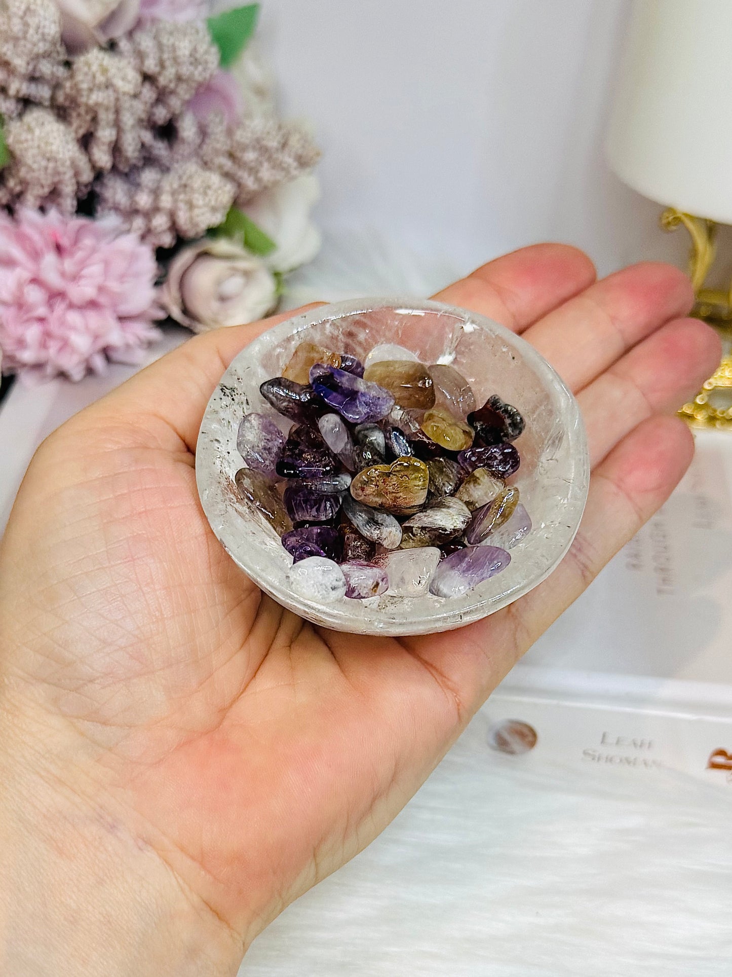 Clear Quartz Small Bowl with Rare Auralite 23 Chips 174g