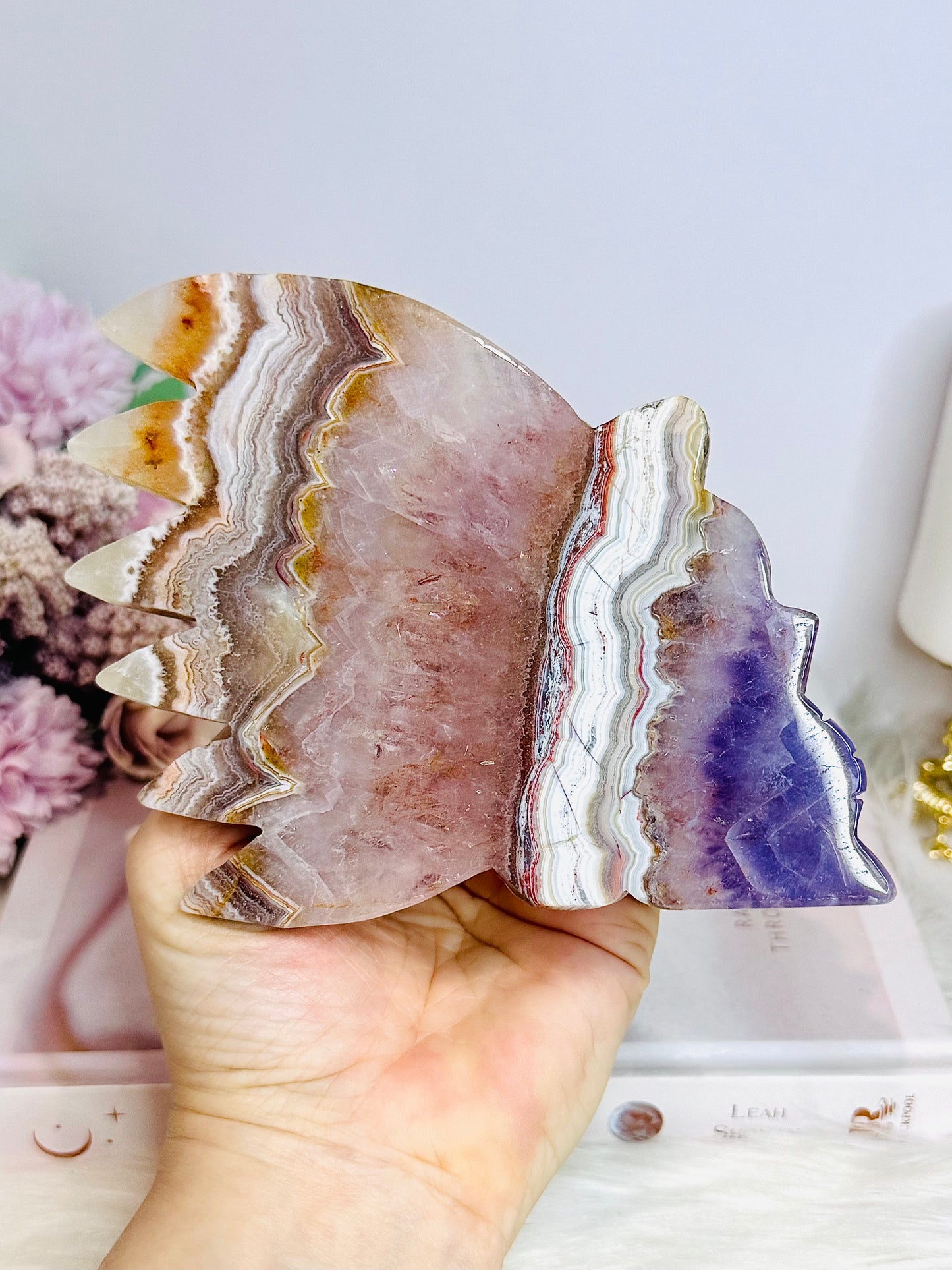 Large Amethyst X Mexican Lace Agate Carved Indian Head on Stand