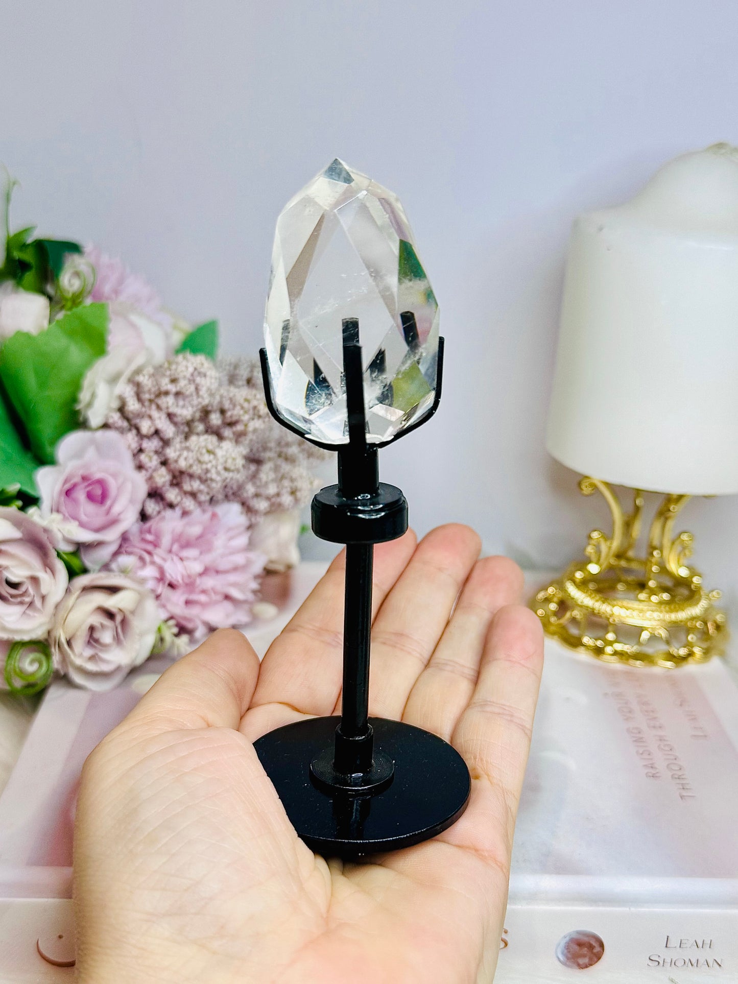 High Grade Clear Quartz Faceted Diamond On Stand 13cm