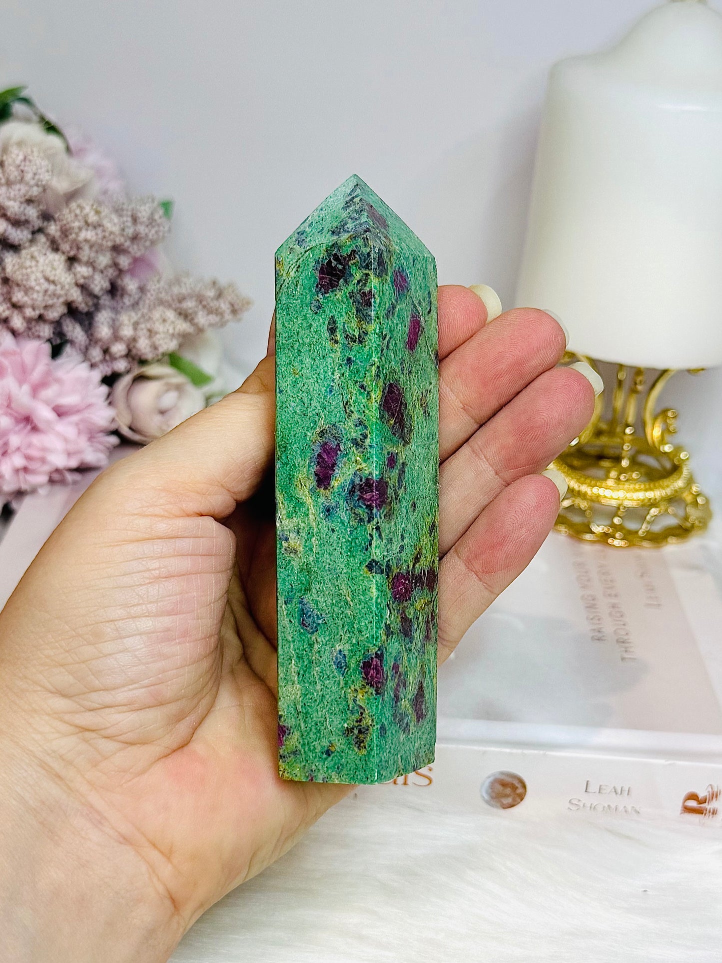 Ruby Fuchsite Tower 12cm ~ Reduced as has been broken & repaired