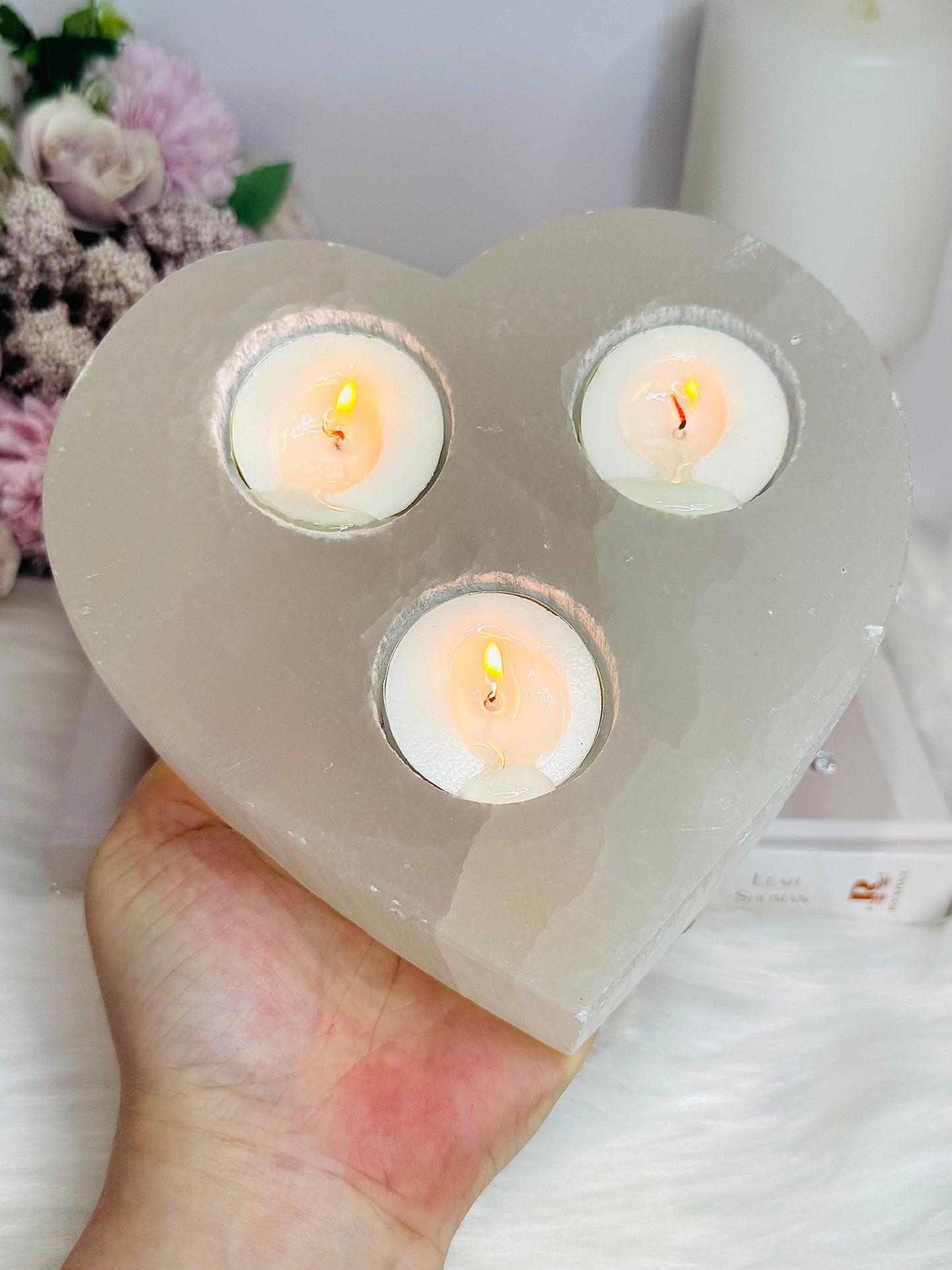 Large Selenite Chunky Triple Candle Heart Holder 1.5KG 15cm
