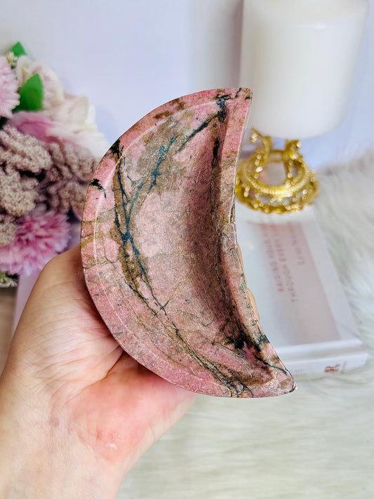Chunky Large Rhodonite Carved Moon Bowl 12cm 559grams