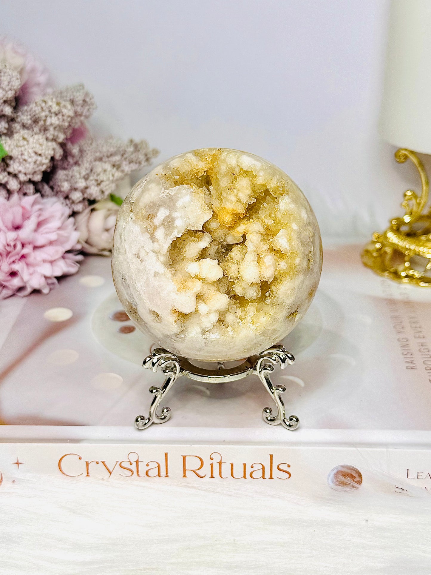Large Pink Amethyst X Flower Agate Druzy Sphere on Stand 384g