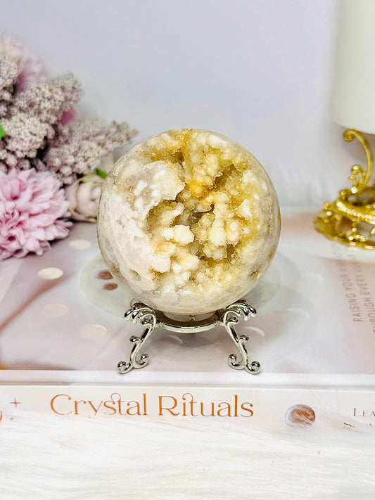 Large Pink Amethyst X Flower Agate Druzy Sphere on Stand 384g