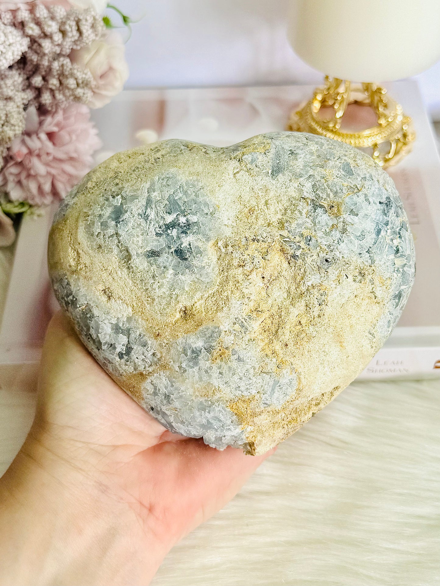 Huge 1.65KG Natural Blue Celestite Cluster Carved Heart