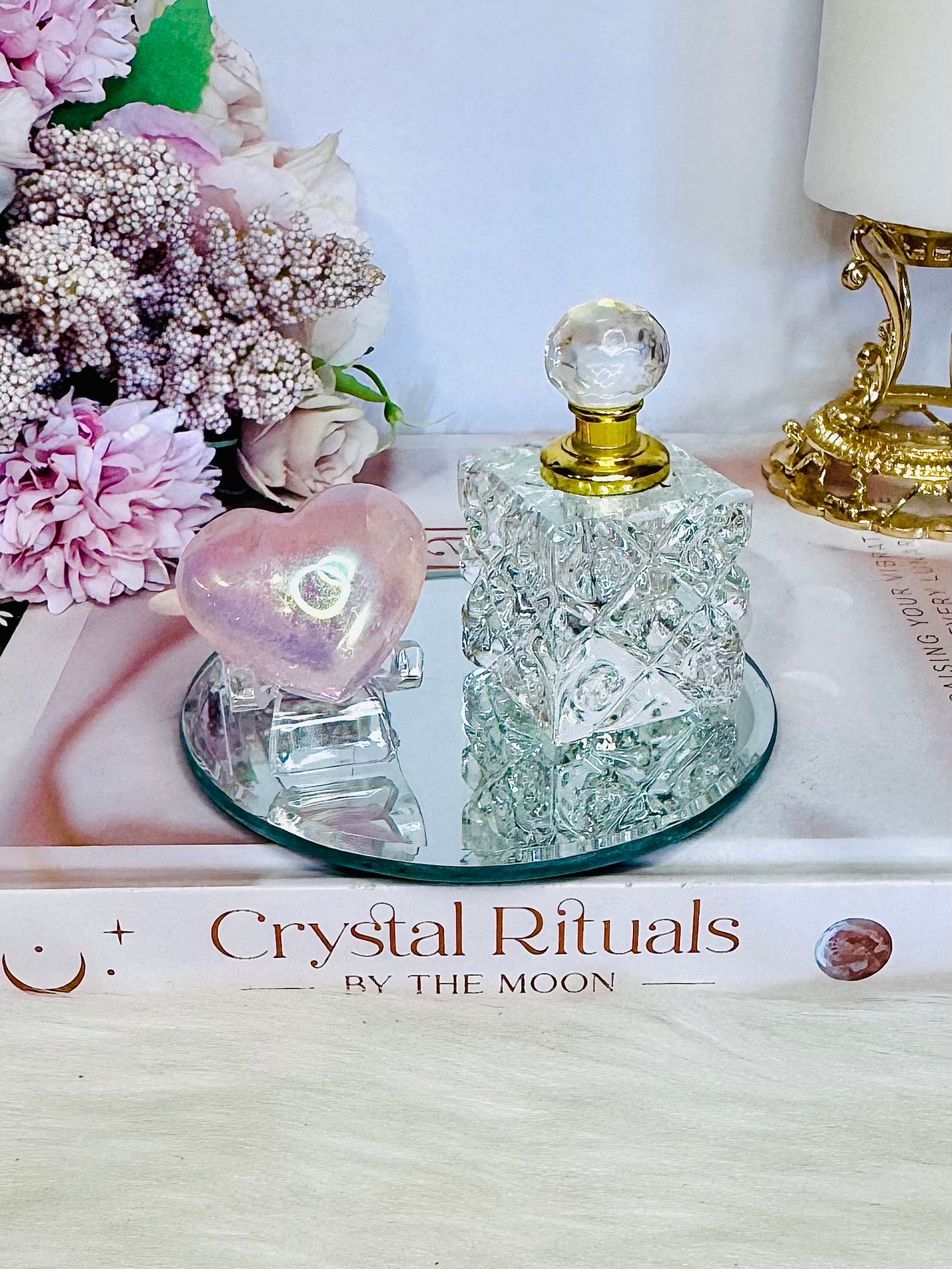 Gift Set ~ Rose Quartz Angel Aura Heart, Glass Perfume Bottle on Mirror Tray 10cm