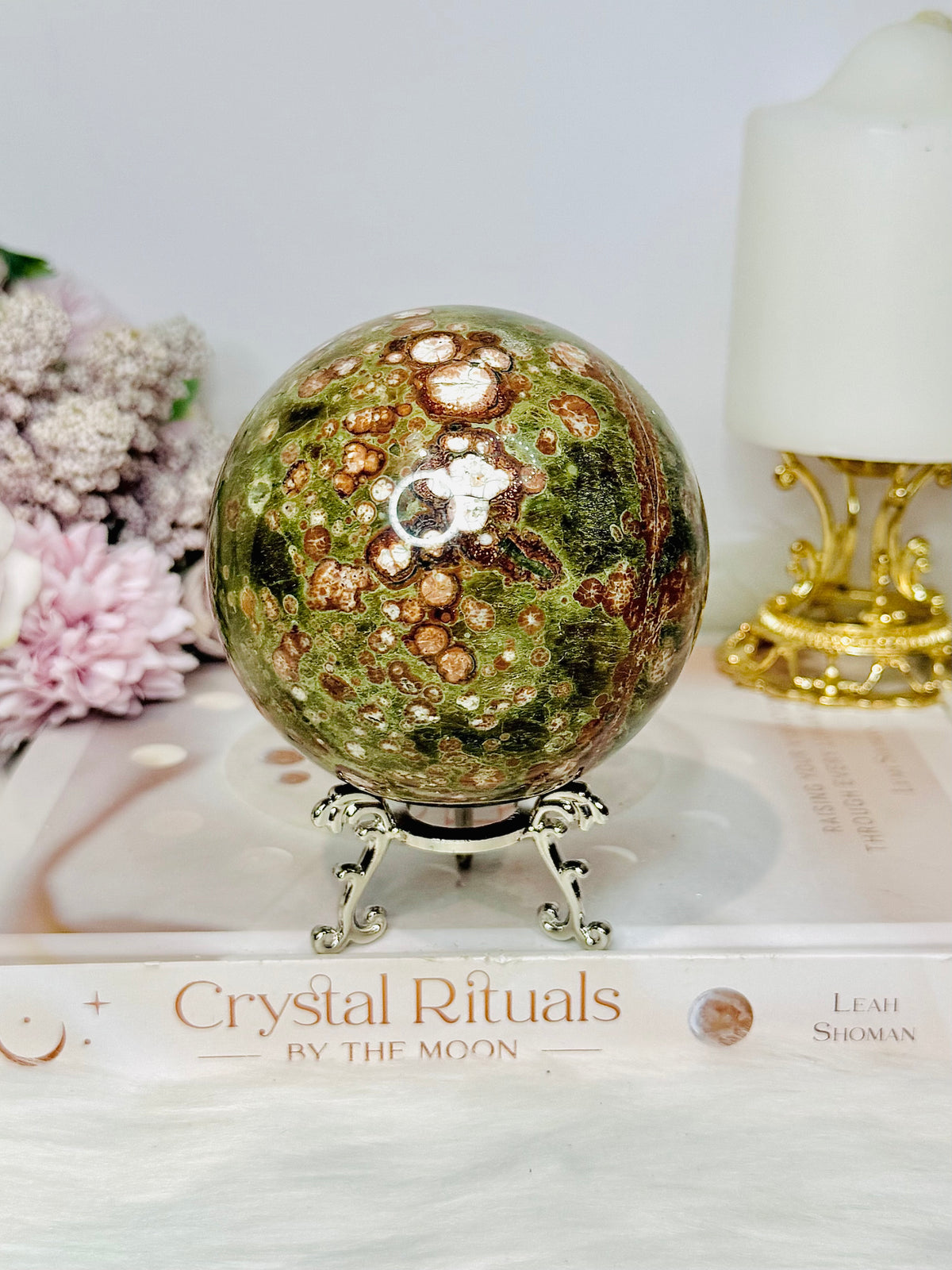 Large Green Cherry Jasper Sphere on Stand 825g