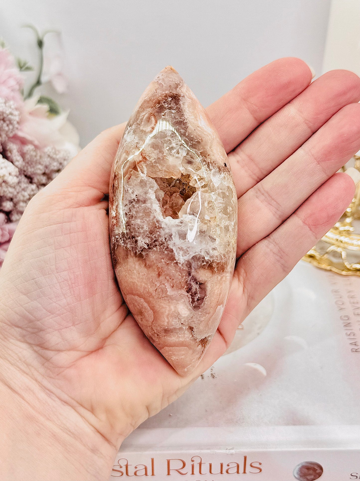 ⚜️ SALE ⚜️ High Grade Druzy Pink Amethyst X Flower Agate Egg on Stand 19.5cm