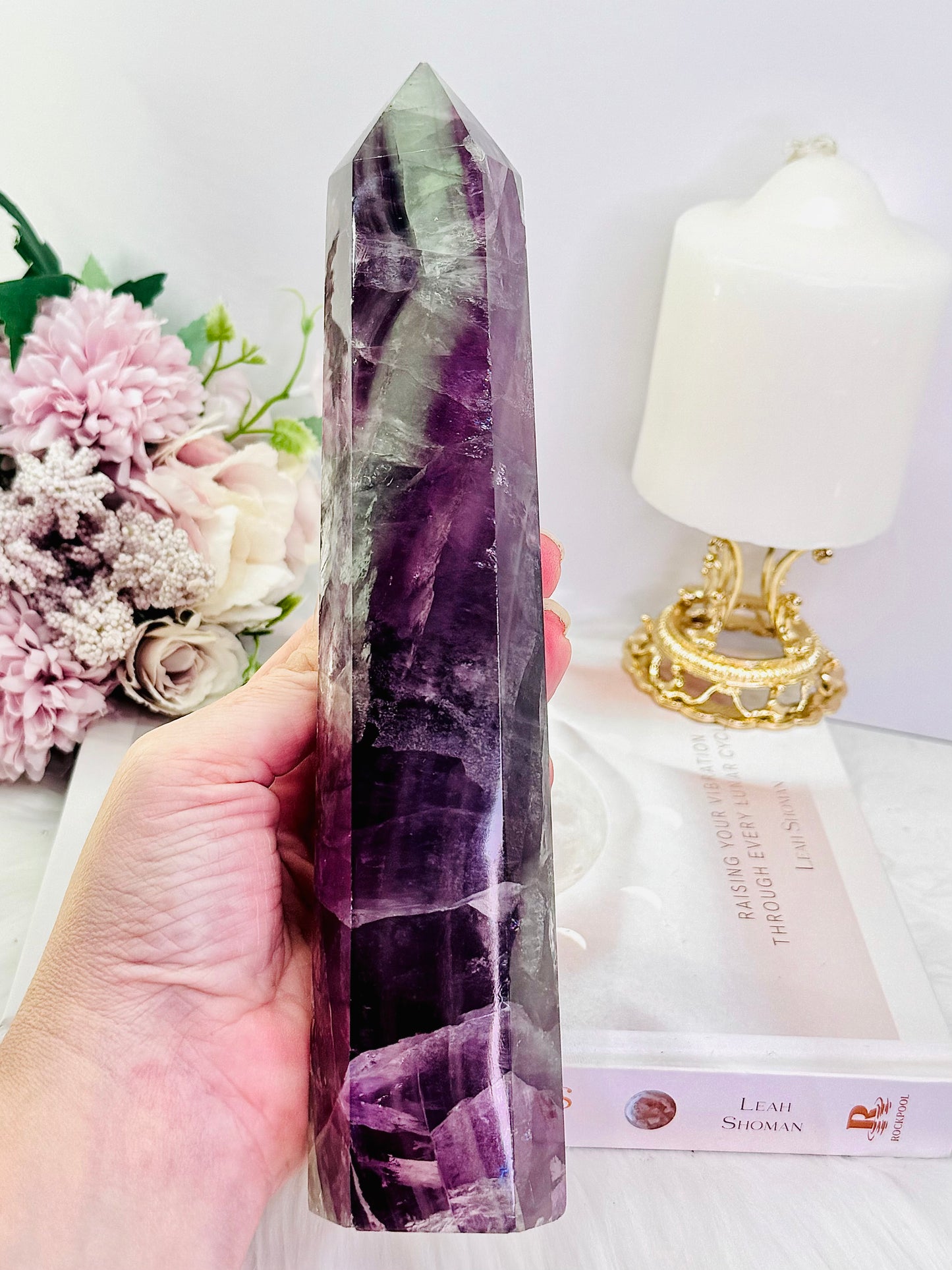 Fabulous Tall 23.5cm 968gram Purple Fluorite Tower with Rainbows