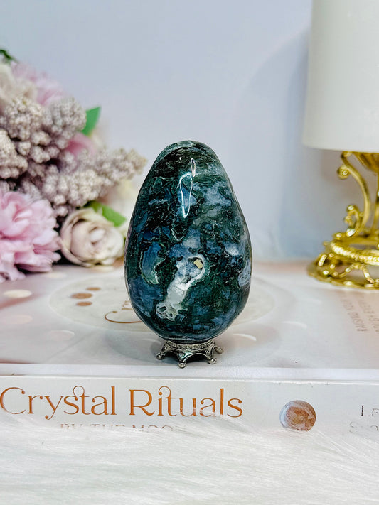 Moss Agate Druzy Egg On Stand 7cm