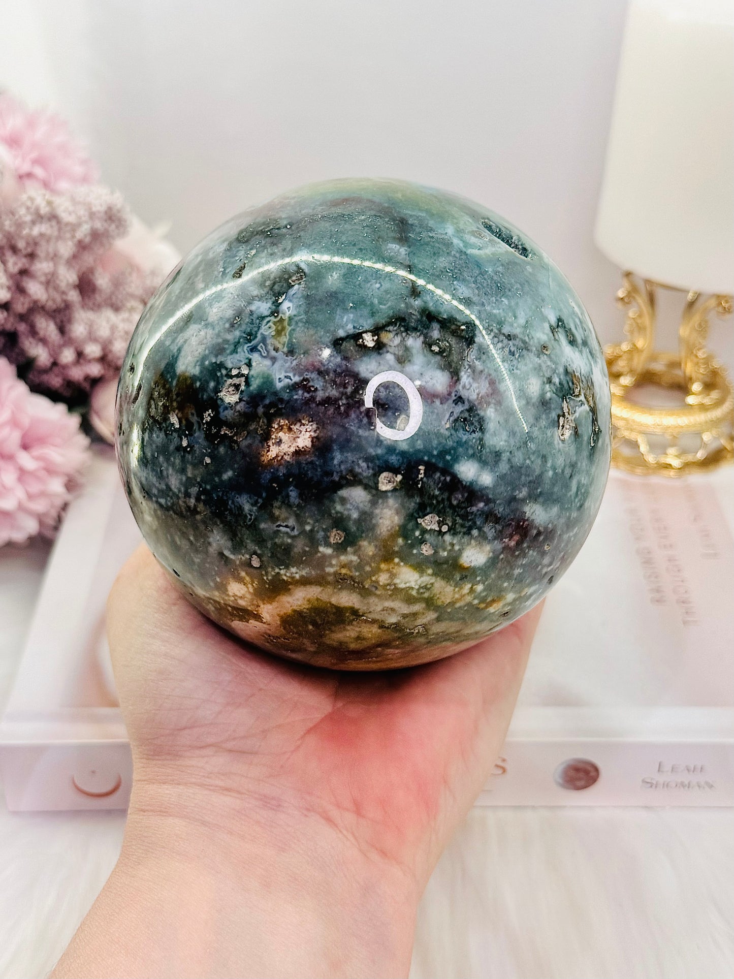 Divine Huge 1.43KG Natural Ocean Jasper Druzy Sphere On Stand