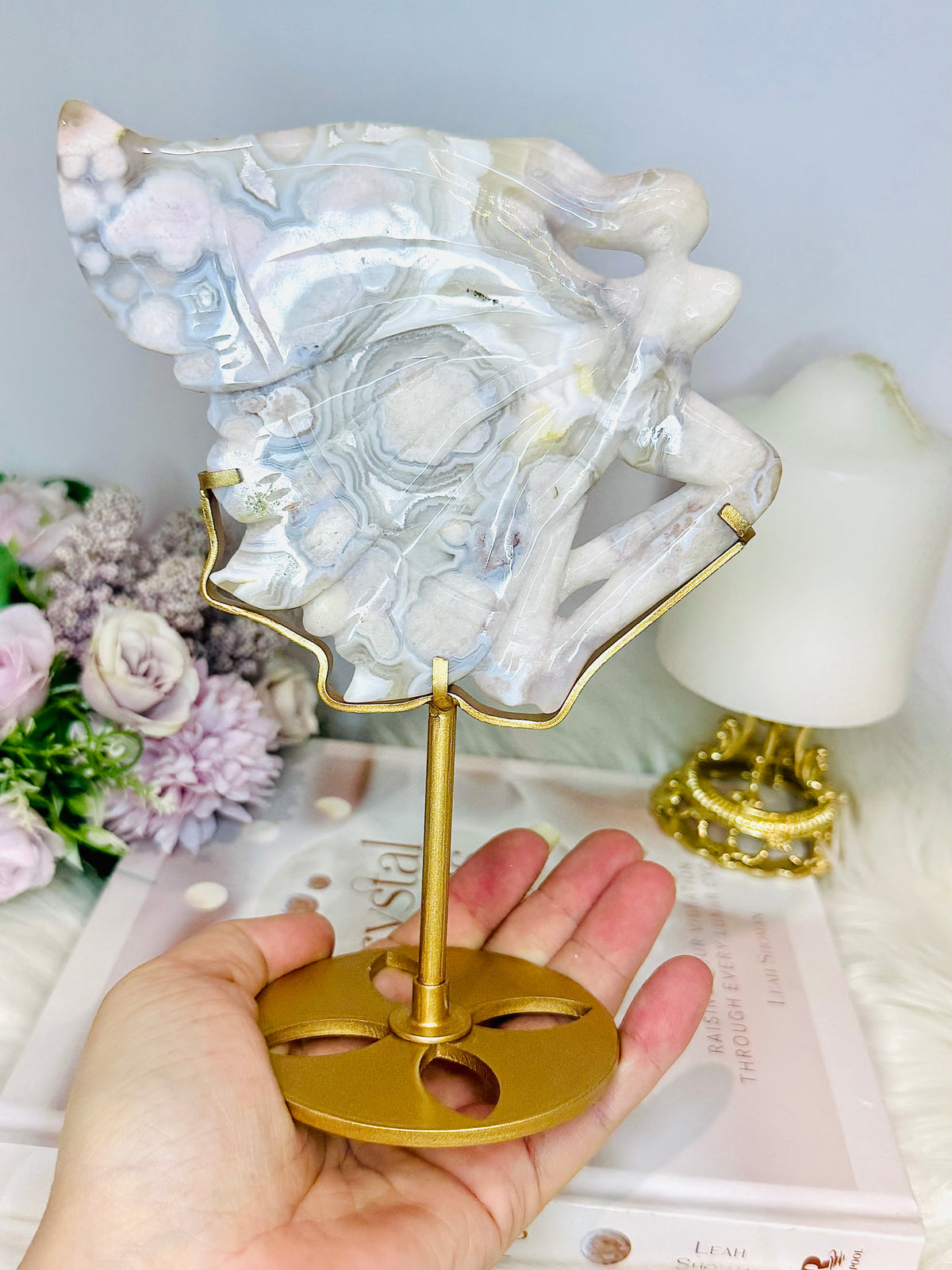 High Grade Flower Agate Fairy | Angel on Stand 19cm