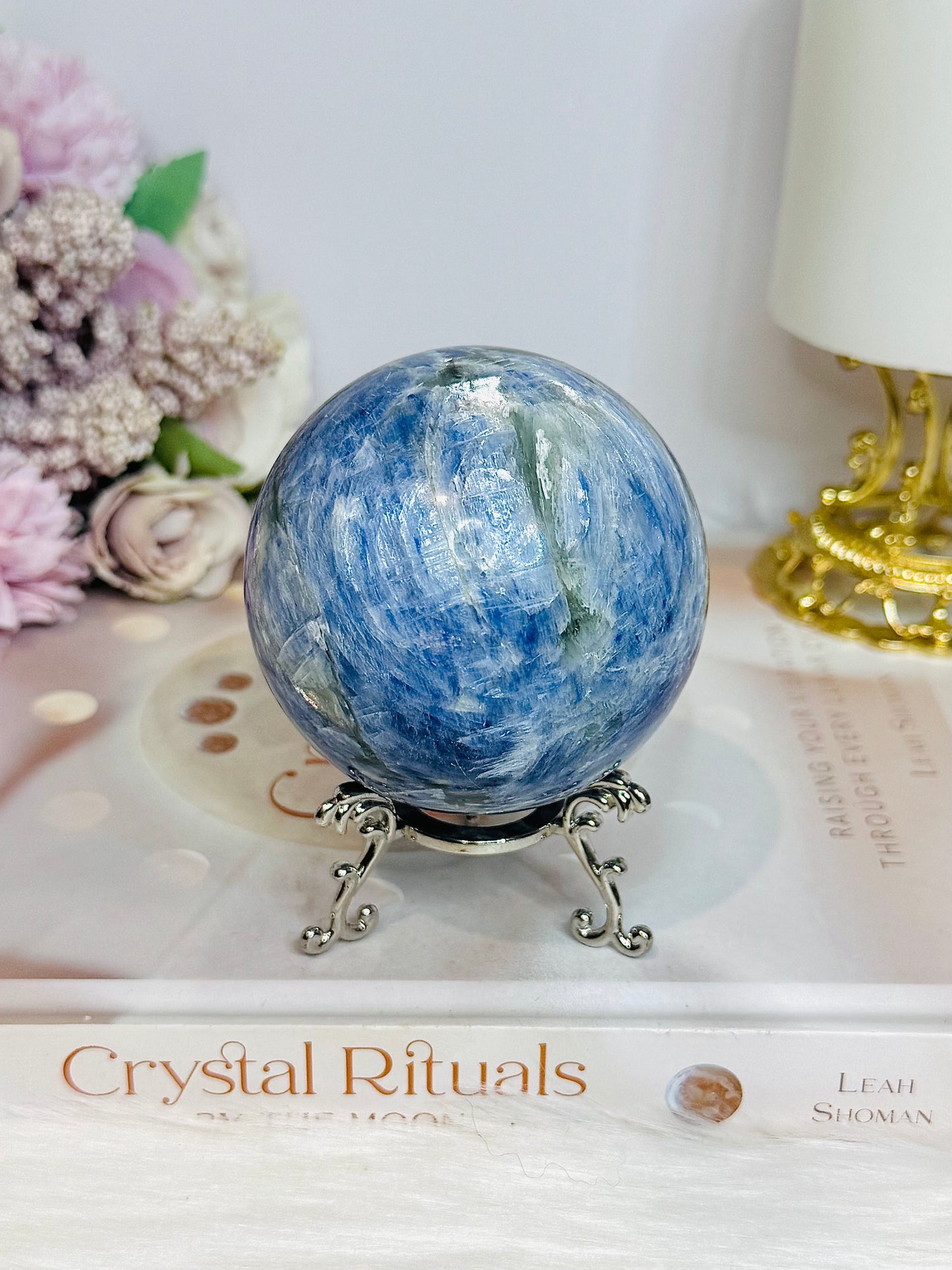 Blue Kyanite Sphere on Stand 560g On Stand