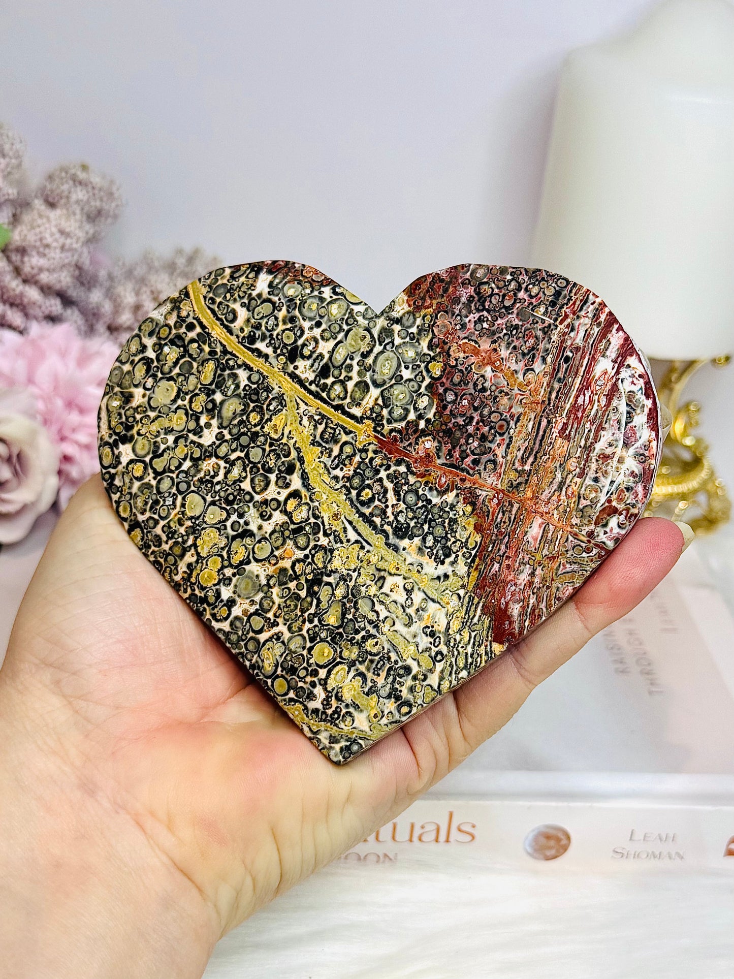 Large Leopardskin Jasper Heart on Stand 11cm