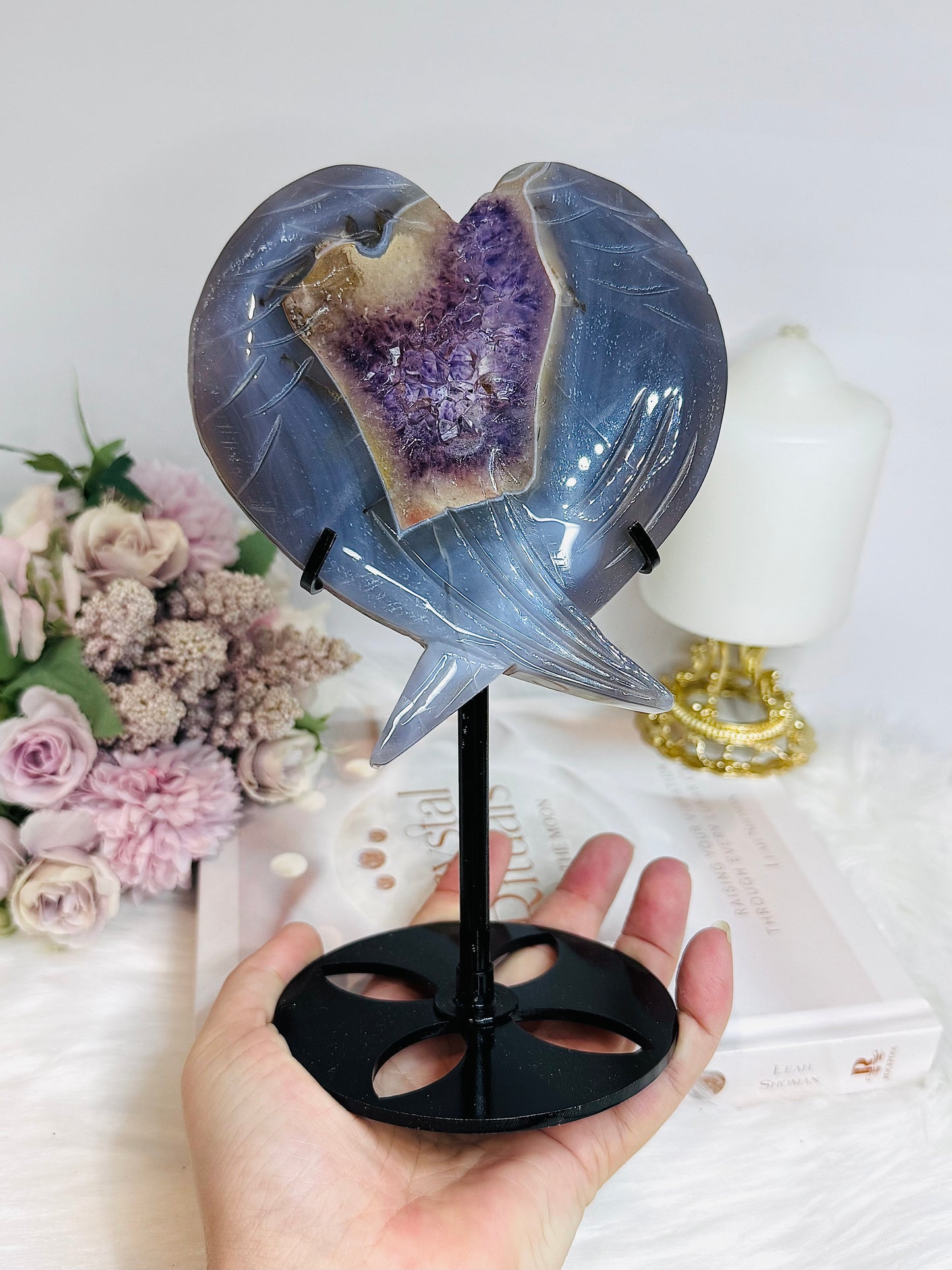 Large Amethyst Druzy Agate Heart on Stand 551g