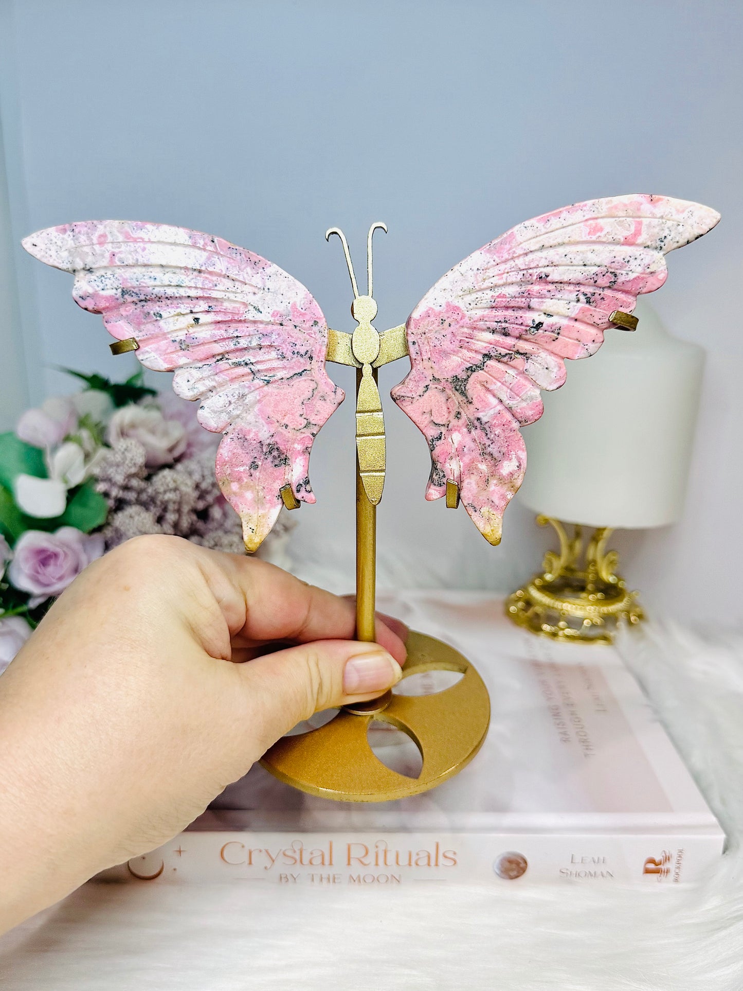 Pink Peruvian Rhodonite Butterfly Wings on Stand 16cm