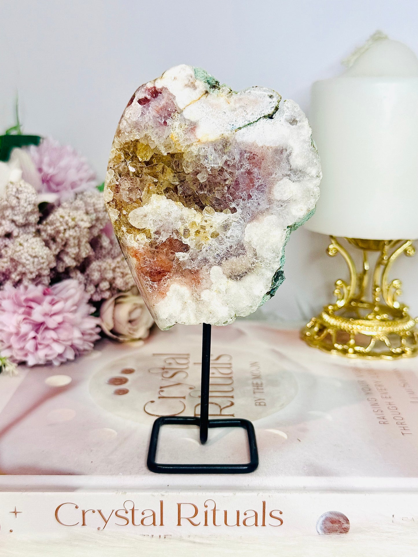 Pink Amethyst Natural Druzy Slab On Stand 14cm