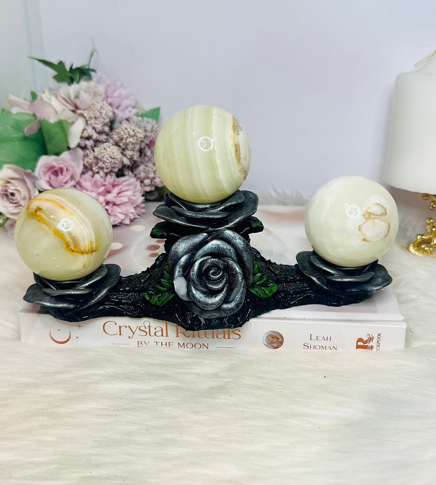 Rose Sphere Holder with 3 Green Banded Calcite (Onyx) Spheres 20.5cm 938g $65 x