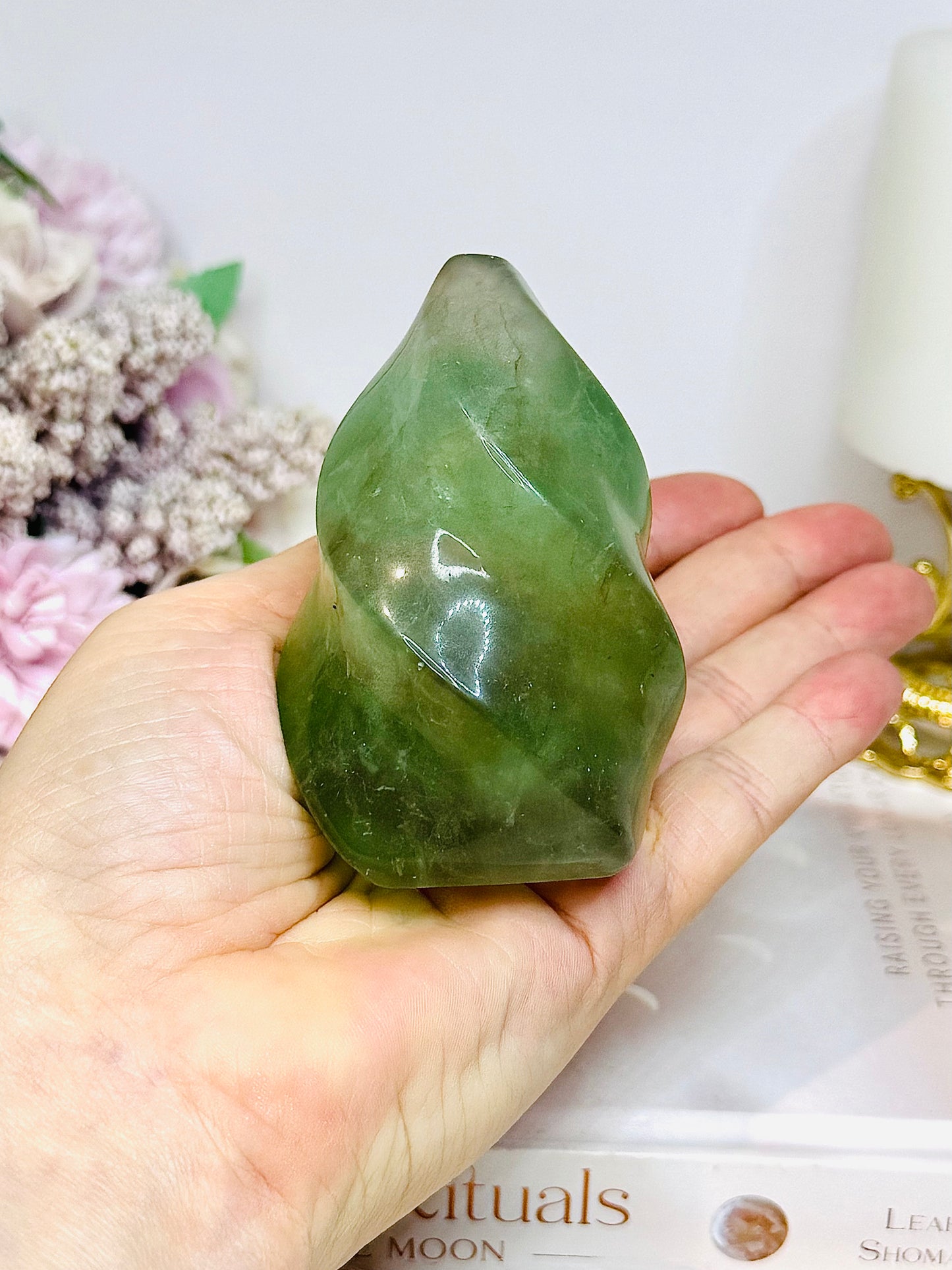 Green Fluorite Carved Flame 8cm 325g