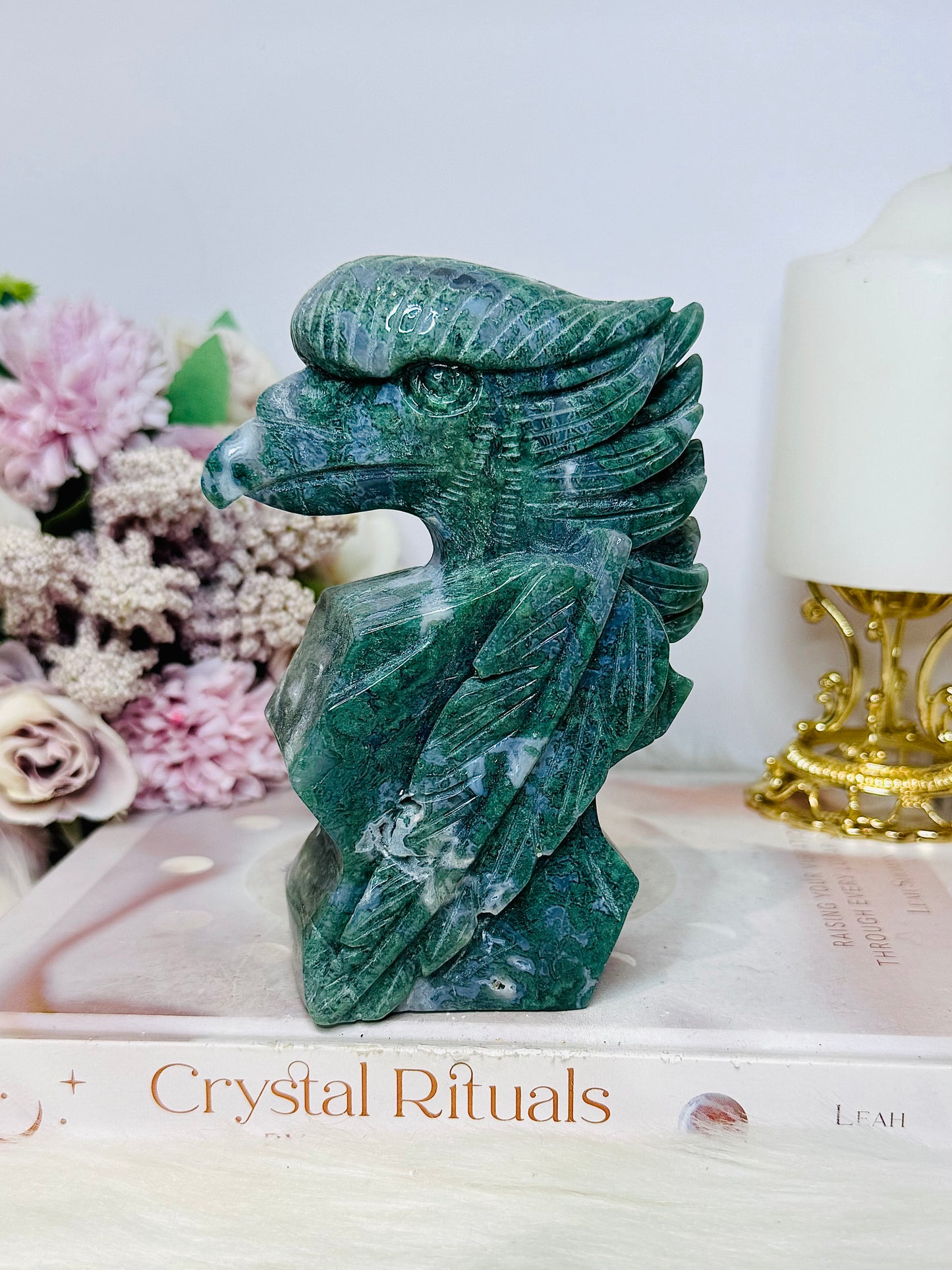 Large Perfectly Carved Moss Agate Eagle 633g 13cm