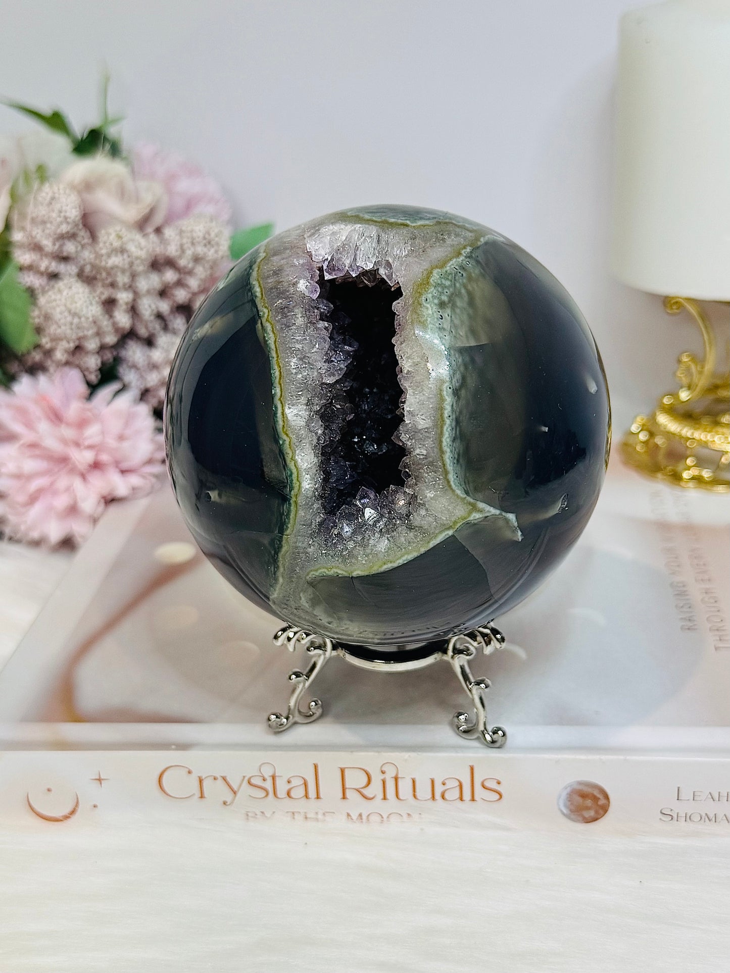 High Grade Huge Amethyst Druzy Agate Sphere on Stand 934g