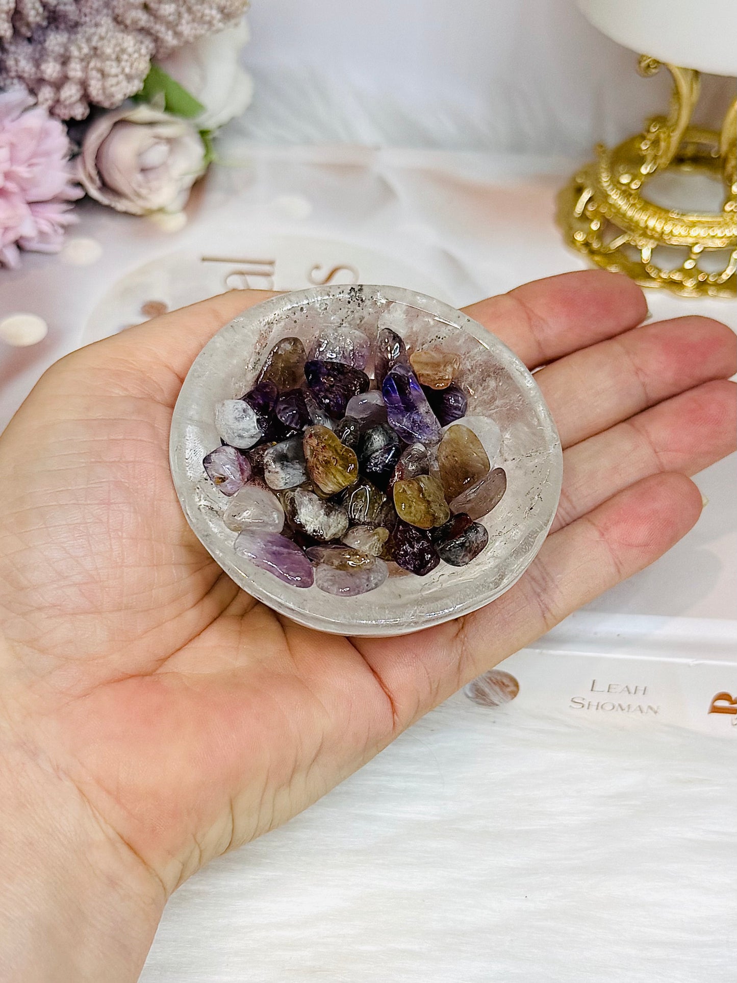 Clear Quartz Small Bowl with Rare Auralite 23 Chips 174g